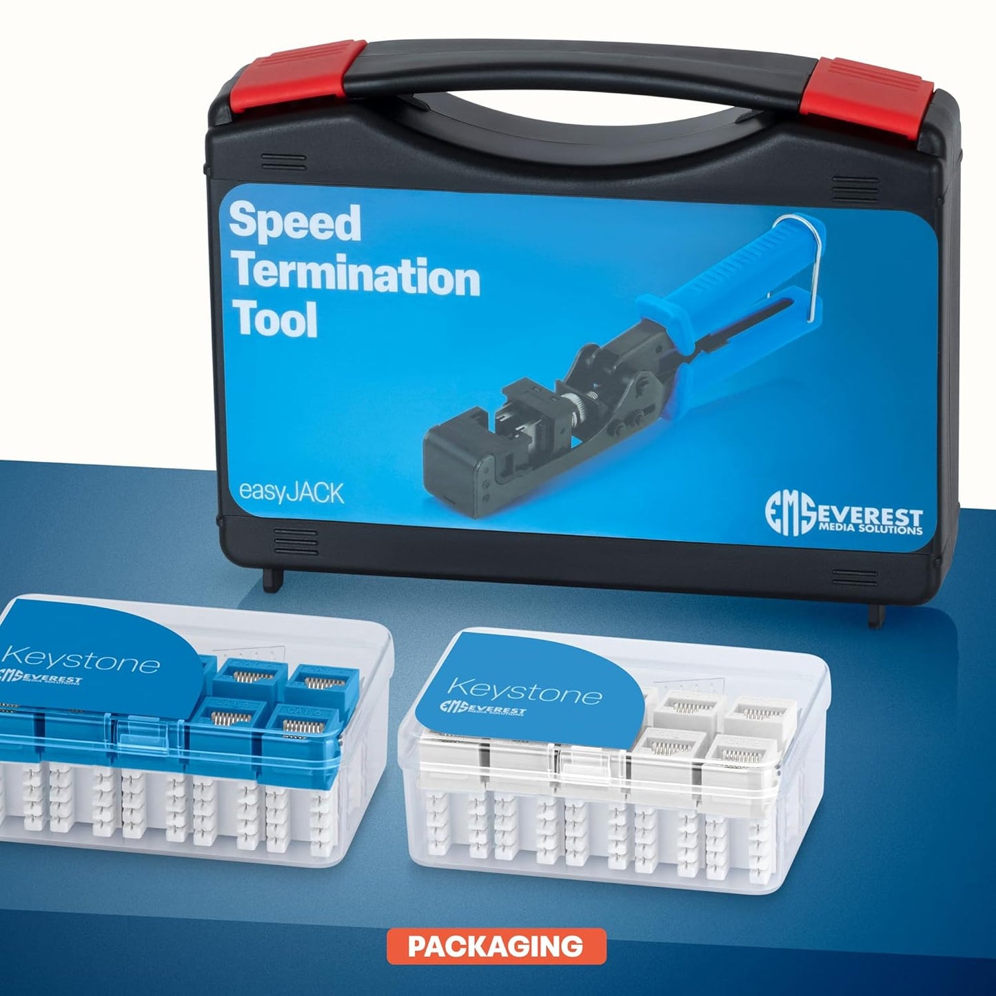 Everest easyJACK - 90° Angled Speed Termination Keystone Tool Set - with 20-Pack of RJ45 Slim Profile Cat6A Keystone Jacks (10 Blue & 10 White) - Time Saver Network Cat6 Punchdown Tool