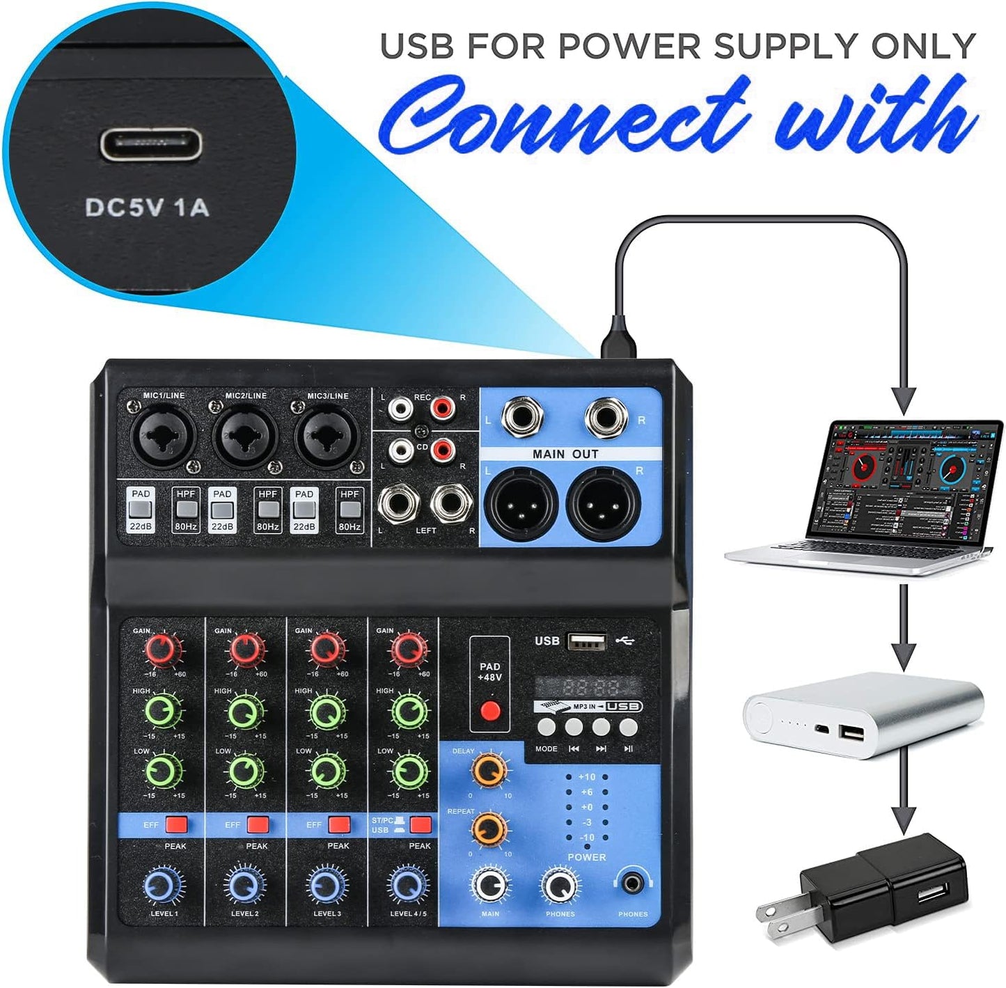 Dj Mixers 5 Channel Audio Mixer Sound Board with Bluetooth, Usb Audio Interface with 48V Phantom Power Sounds Mixer Board with FX Reverb Delay Effect for Streaming