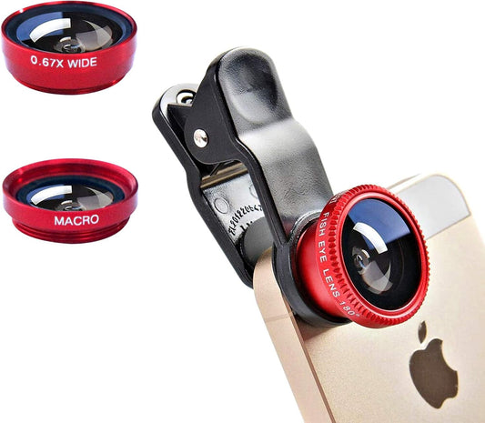 3 in 1 Cell Phone Camera Lens Kit Wide Angle Macro Fisheye Lens Universal for Smart Phones iPhone Samsung Android(Red)