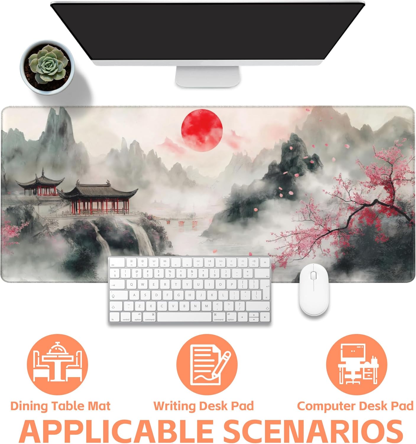 Mouse Pad Large Chinese Landscape Painting Non-Slip Game Desk Mat with Stitched Edge Laptop Keyboard Desk Pad for Work Home Gaming (35.4 x 15.7 Inches)