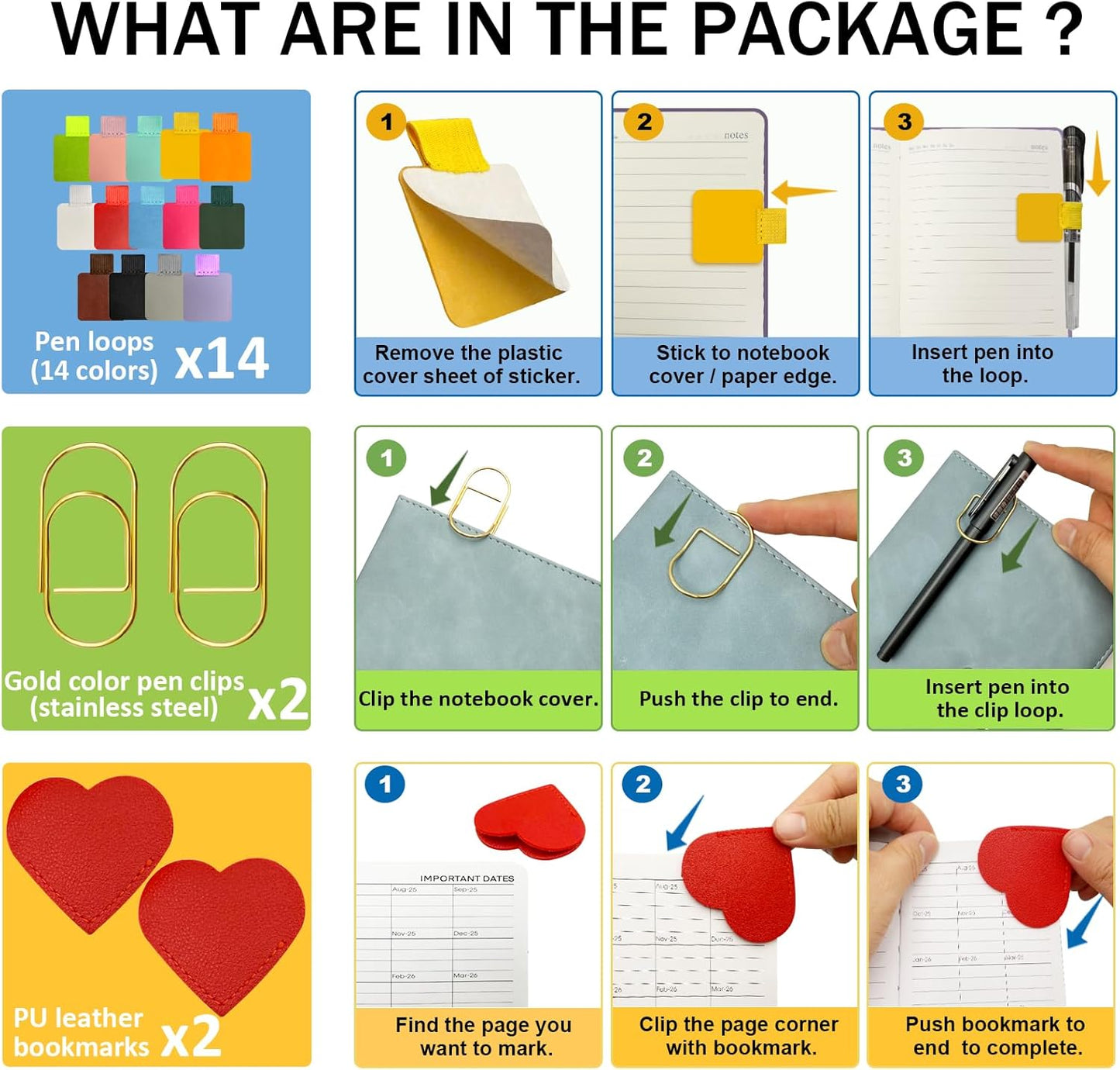 Pen Loop Holder for Notebook 14 Colors Self-Adhesive Stick On Pen Holder with Extra 2 Pens Clips 2 Leather Bookmarks As COMBO for Planner Journal Tablet Clipboards Calendars Bible Campus School Office