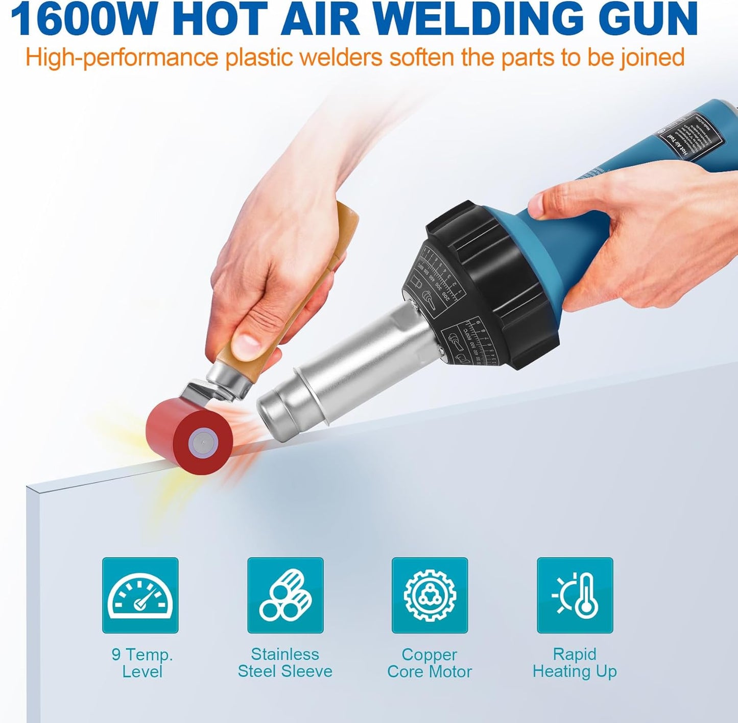 Iglobalbuy 1600W Hot Air Plastic Welder, 110V Plastic Welding Roofing Kit Vinyl PVC TPO Welding Handheld Plastic Hot Air Heat Gun Welding Torch w/Various Nozzles