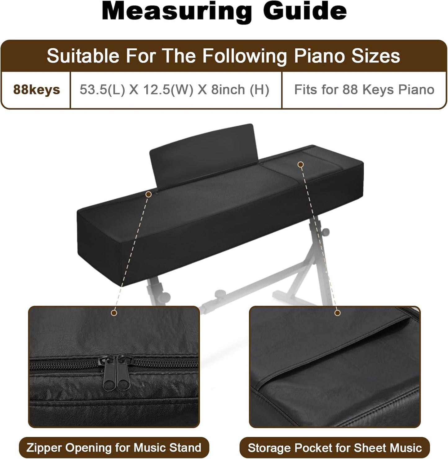 Explore Land 88 Keys Digital Piano Dust Cover with Music Stand Opening and Pockets - Waterproof Leatherette Electronic Keyboard Cover Fits for Most Piano