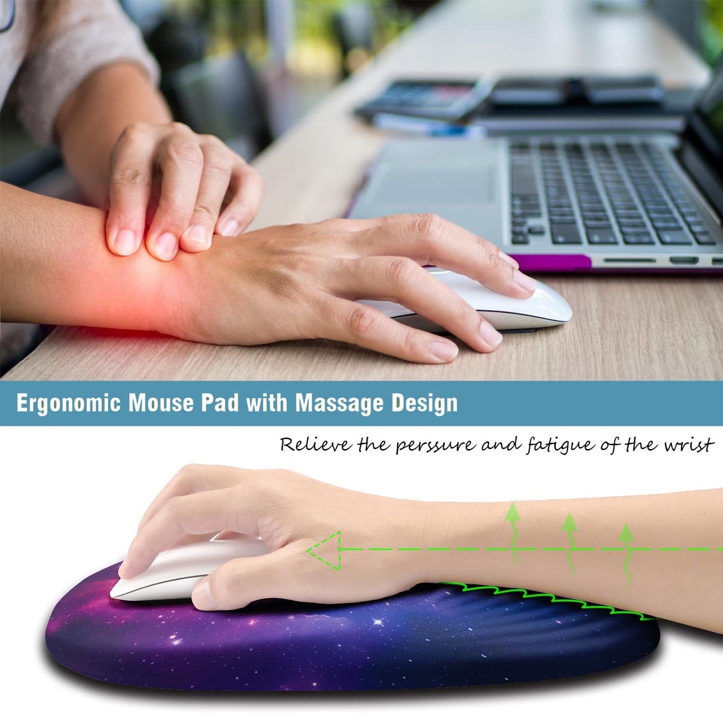Ergonomic Mouse Pad Wrist Support, Mouse Pad with Wrist Rest, Entire Memory Foam & Non-Slip PU Base MousePads with Stepped-Wedge Design for Pain Relief, Desk, Office, Home, Galaxy