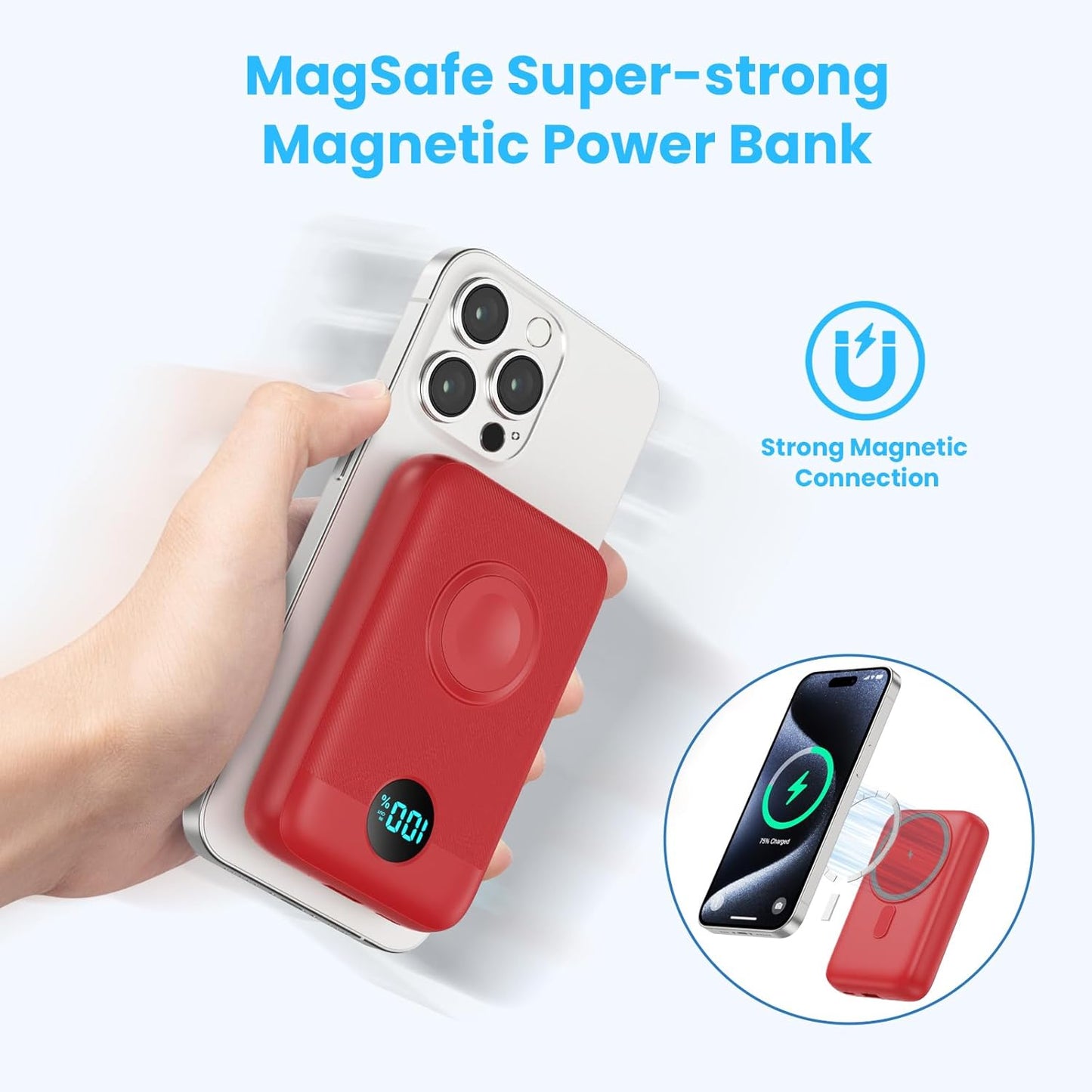 Magnetic Portable Charger 10800mAh,4-in-1 Wireless Power Bank with iWatch Charger, QC4.0+20W PD Fast Charging USB C Battery Pack with LCD Display for Magsafe,iPhone 16/15/14/13/12,Apple Watch, Red