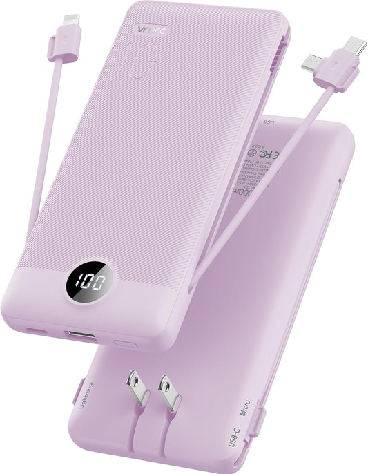 VRURC Portable Charger Built-in Cables and AC Wall Plug, USB C Power Bank 10000mAh, Travel Essentials Phone Charger Compact Lightweight External Battery Pack for Smart Phones, Tablets etc-Purple