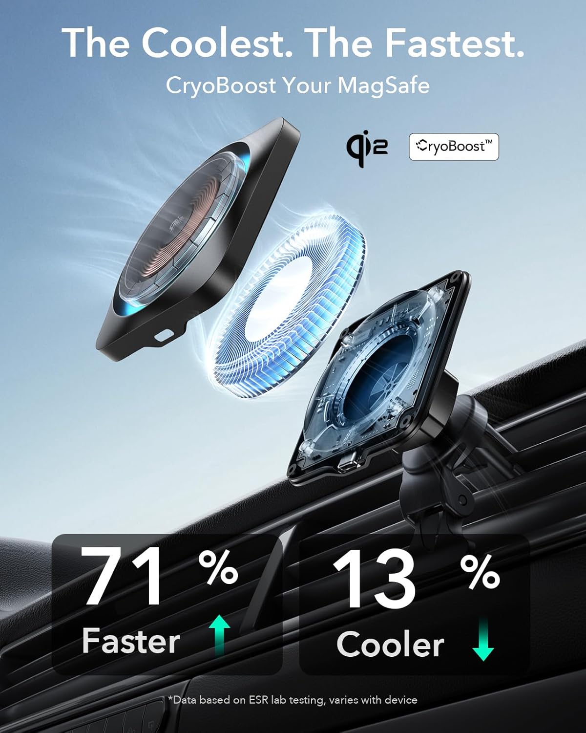 ESR for Qi2 15W MagSafe Car Mount Charger with CryoBoost, Phone Cooling MagSafe Car Charger, Air Vent/Dashboard Wireless Charging for iPhone 16/15/14/13/12, Galaxy S25 Series, Fast Charger, Black