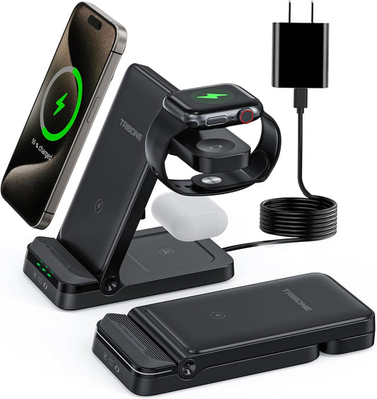 Wireless Charger, Tribone 3 in 1 Foldable Fast Charger for iPhone 16 15 14 13 12 11 Pro Max XR XS 8 Plus,for Multiple Devices，for Apple Watch 10 9 8 7 6 5 4 3 2 SE Ultra,for AirPods Pro 4 3 2, Black