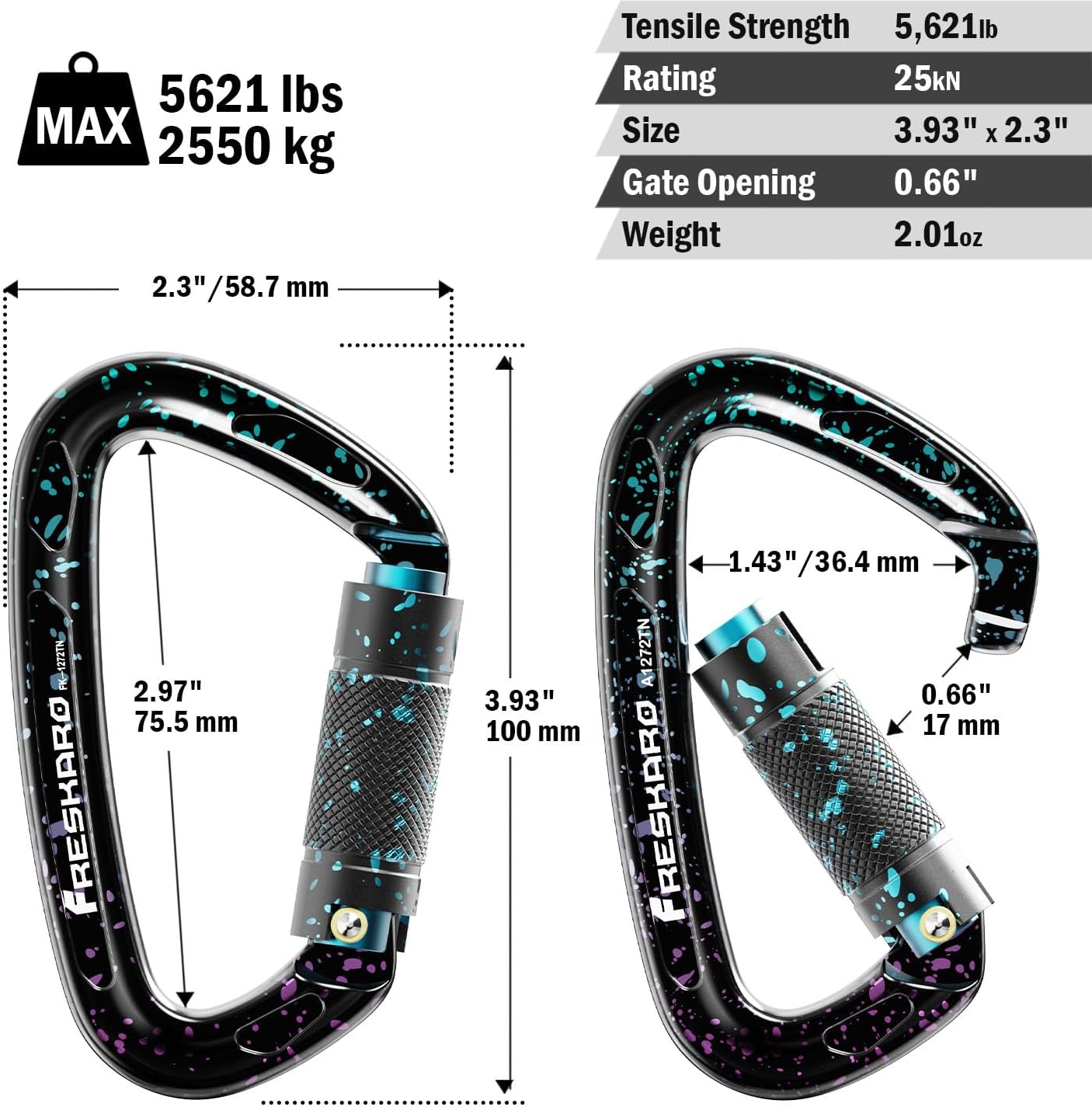FresKaro UIAA Certified 25KN Auto Locking Climbing Carabiner Clips, Twist Lock, and Heavy Duty Carabiners for Rock Climbing, Rappelling, and Mountaineering, D Shaped