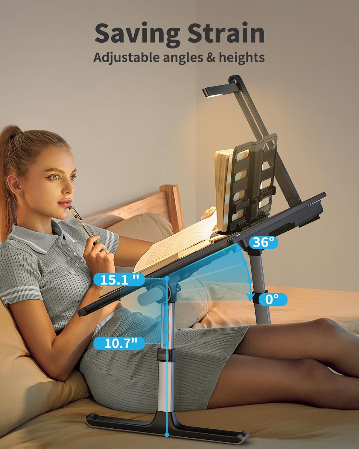 Laptop Bed Tray Desk with LED Desk Light, SAIJI Adjustable Laptop Stand for Bed, XX-Large PVC Leather Foldable Table with Book Stand,Wrist Rest, Extra Leg Room(Black)