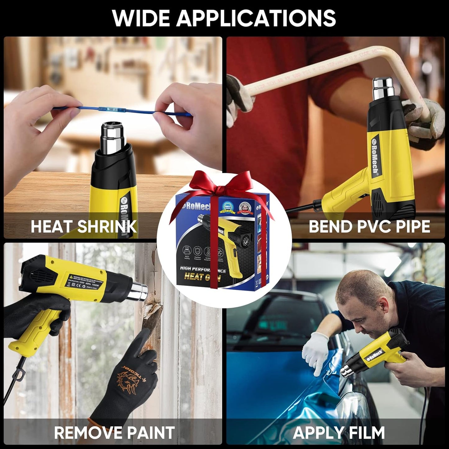 ROMECH 1500W Heavy Duty Heat Gun, Variable Temperature Control Hot Air Gun Kit with 2 Air Flow 120°F~1200°F and 4 Nozzles for Crafts Shrink Wrap (Yellow)