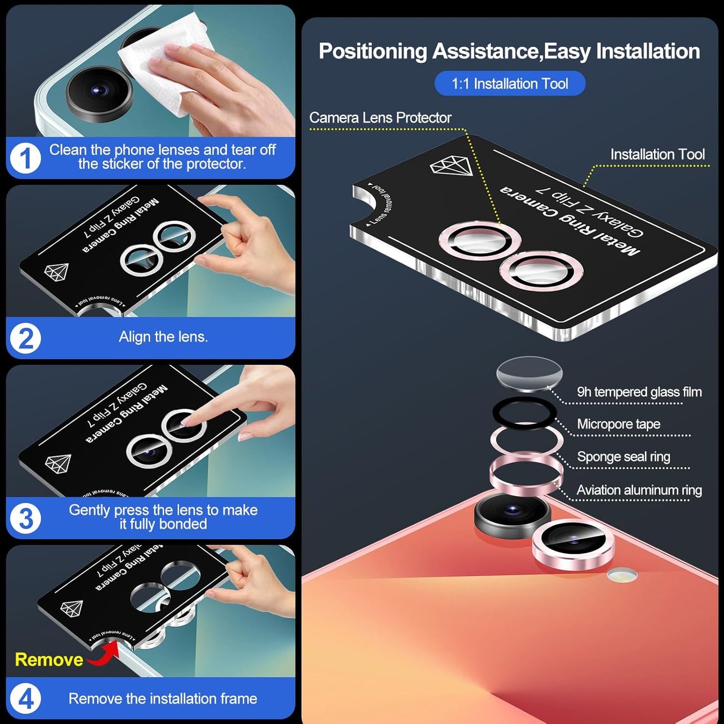 for Samsung Galaxy Z Flip 7 Camera Lens Protector, Individual Metal Ring Tempered Glass Lens Cover, [Strong Adsorption] Scratch Resistant Ultra-Thin HD Clear Lens Cover, 1 Set-Pink