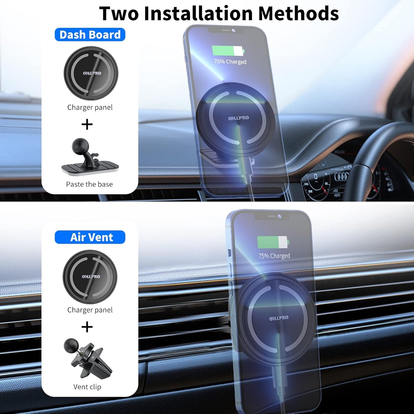 OHLPRO MagSafe Car Mount Charger, 15W QC 3.0 Fast Charging for iPhone 16 ProMax, Pro, Plus, 15, 14, 13, 12 Series, Stick on Car Dashboard & Air Vent Phone Holder