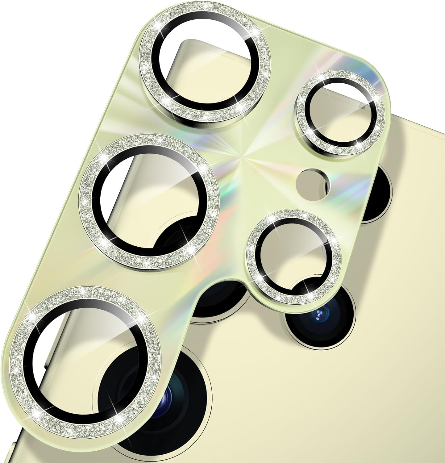 YWXTW Camera Lens Protector for Samsung Galaxy S24 Ultra, [Lithography Laser Gradient] [5X Strengthen] Bling Glitter Tempered Glass Screen Protector Metal Ring Camera Lens Cover (Titanium Yellow)