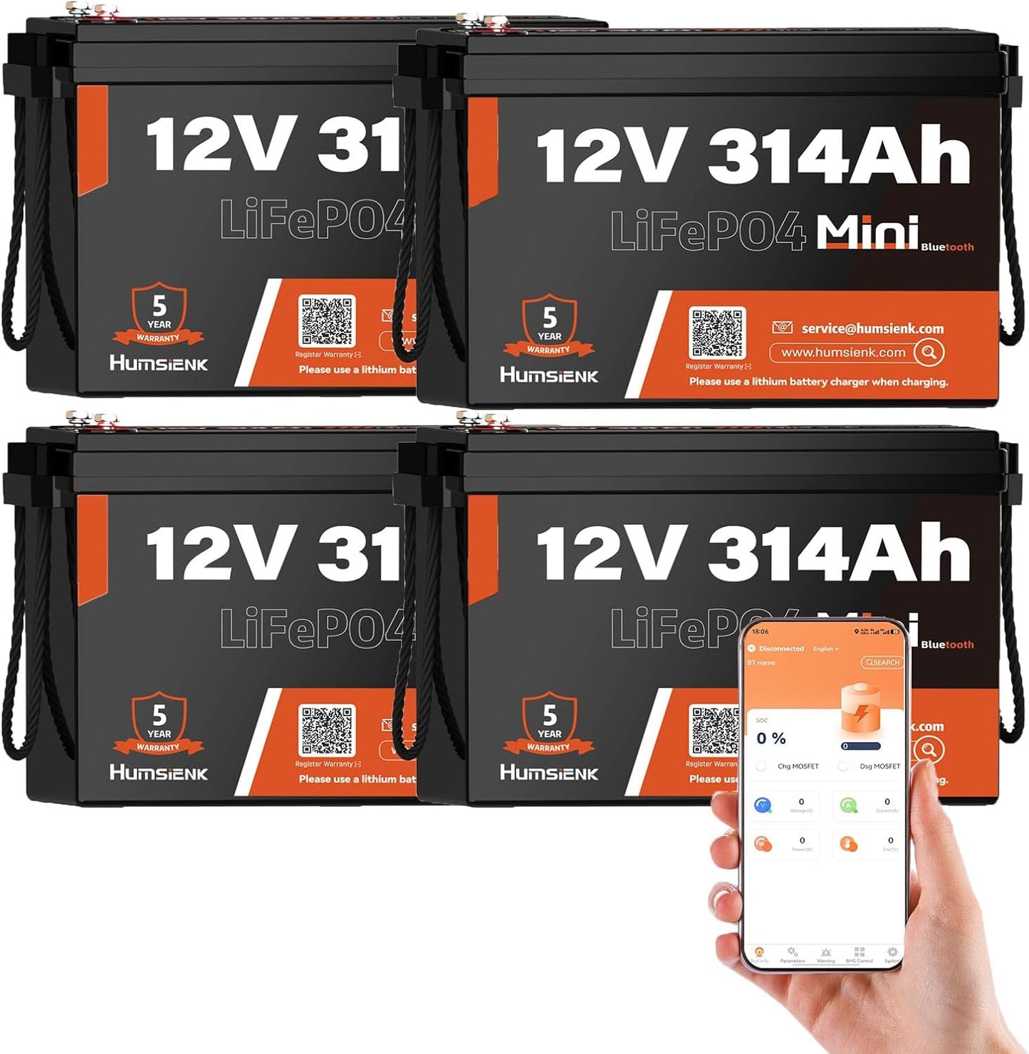 4 PCS Bluetooth 12V 314Ah LiFePO4 Lithium Battery MINI, Max. 4190Wh Energy, EV A+ Cells, Built-in 100A BMS, 15000 Deep Cycles Battery with Low-Temp Protection for RVs, Solar System, Off-Grid