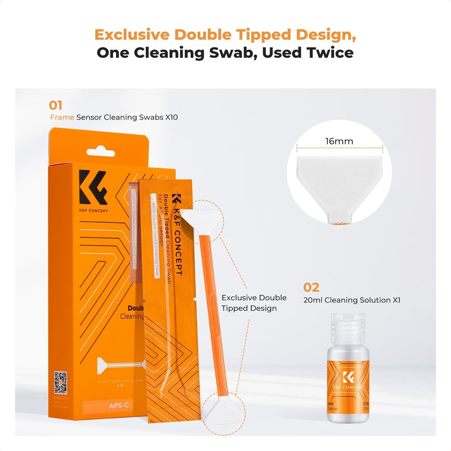 K&F Concept 16mm APS-C Sensor Cleaning Kit, Mirrorless Digital Camera Lens Cleaner Kit - 20ml Sensor Cleaner & 10 X Double-Tipped Sensor Cleaning Swabs for APS-C Type CMOS & CCD Sensors