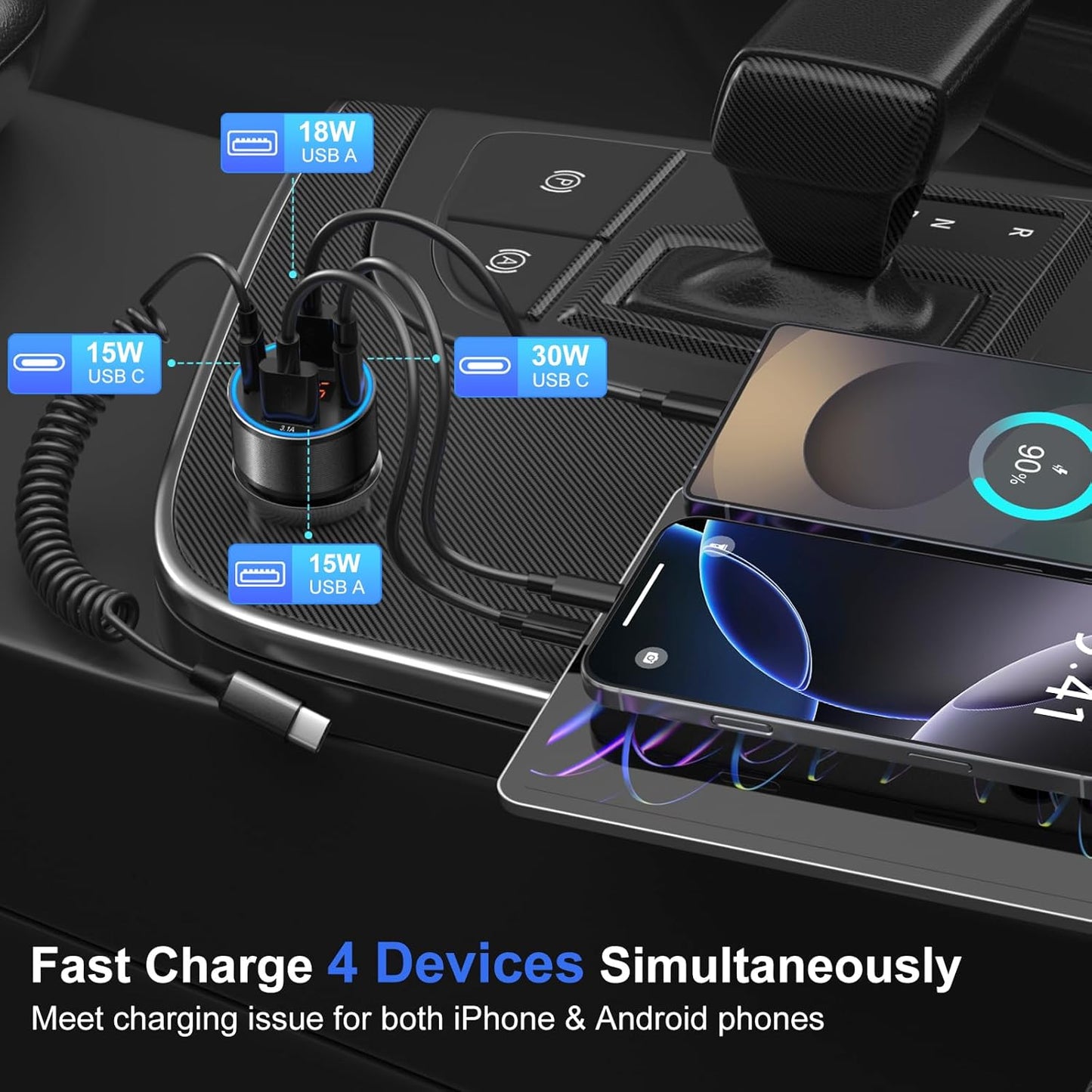 3 Pack USB C Car Charger, 4-Port 65W Dual 12V USB-A & USBC Cigarette Lighter Adapter Plug with Voltmeter PD/QC 3.0 Fast Charging Car Phone Charger for iPhone 16e 15 14 13 12 11 Pro Max, Android-Black