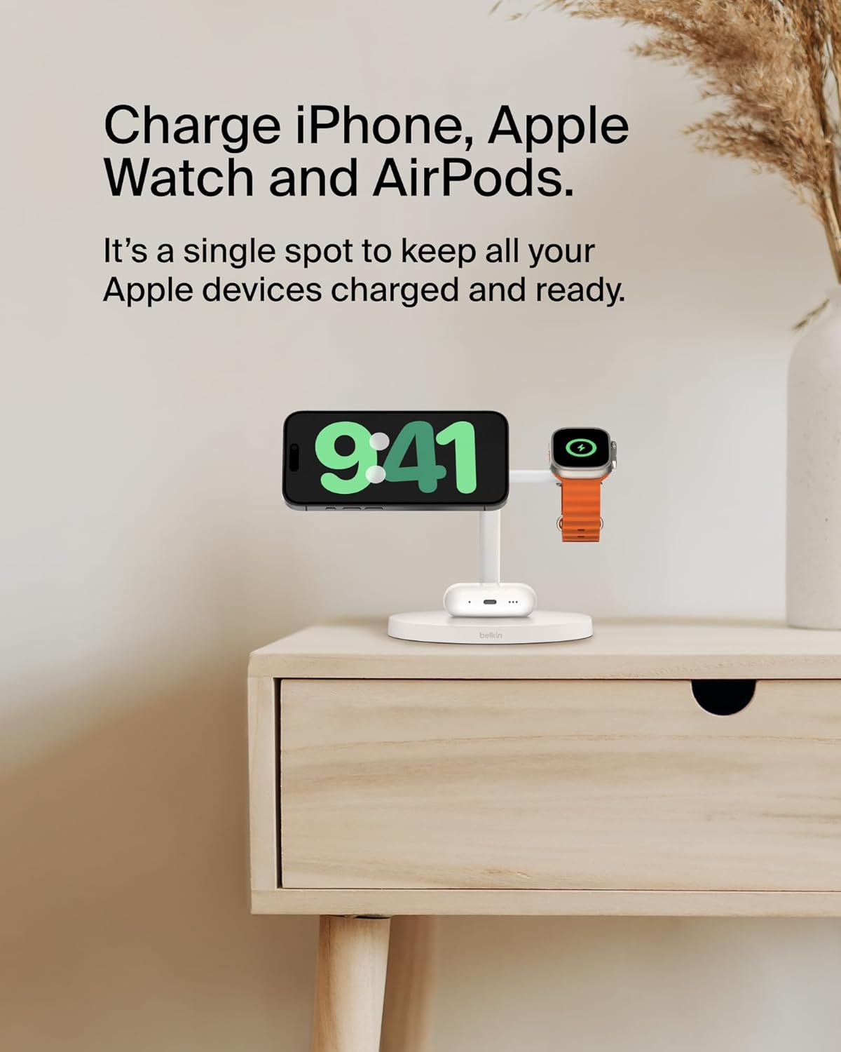 Belkin MagSafe-Compatible Charger, 3-in-1 Wireless Charging Station, Qi2-Certified 15W Wireless Charge for Apple iPhone 16 Series, Apple Watch, AirPods w/Non-Slip Base, 40W Included - White