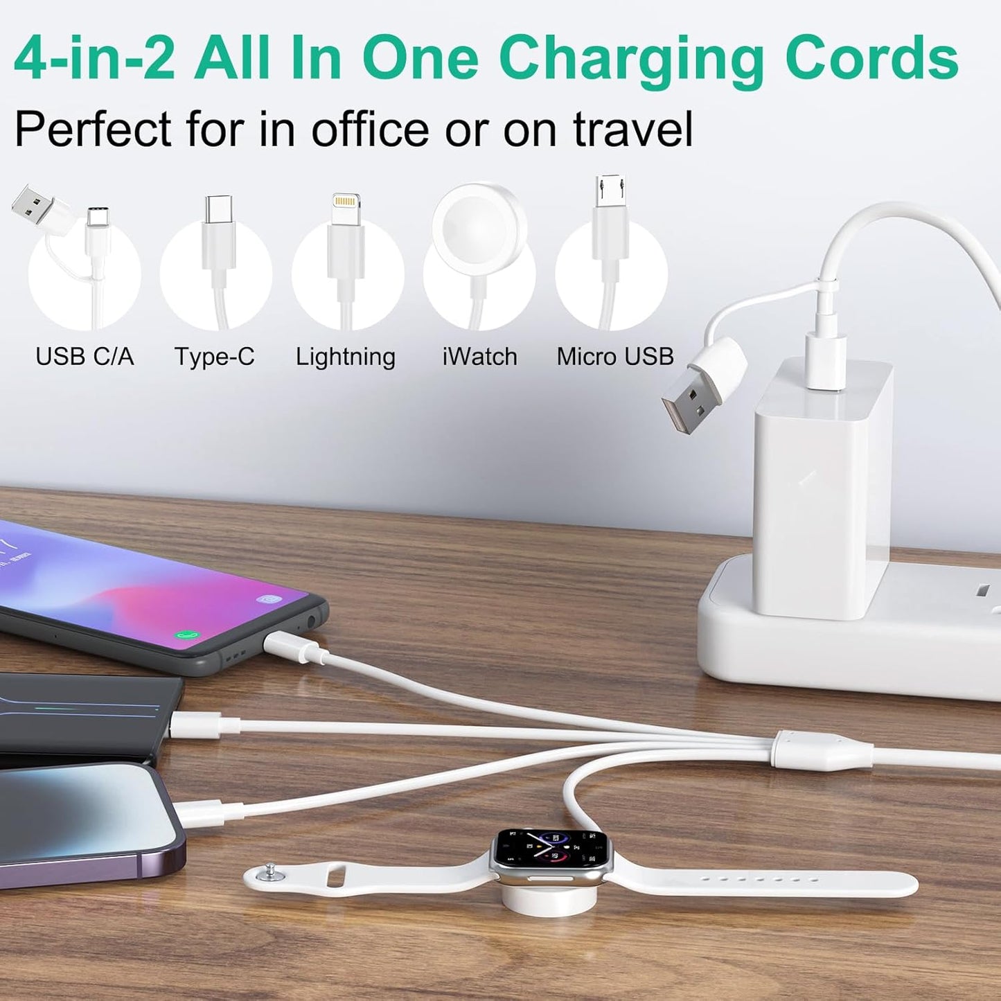 Multi Charging Cable 4 in 2 for Apple Watch Charger i-Phone, Travel 4 in 2 Watch & Phone Charger with iOSPorts/Type C/Micro USB Port Compatible with iWatch/iPhone 16 15/Galaxy Android-6FT
