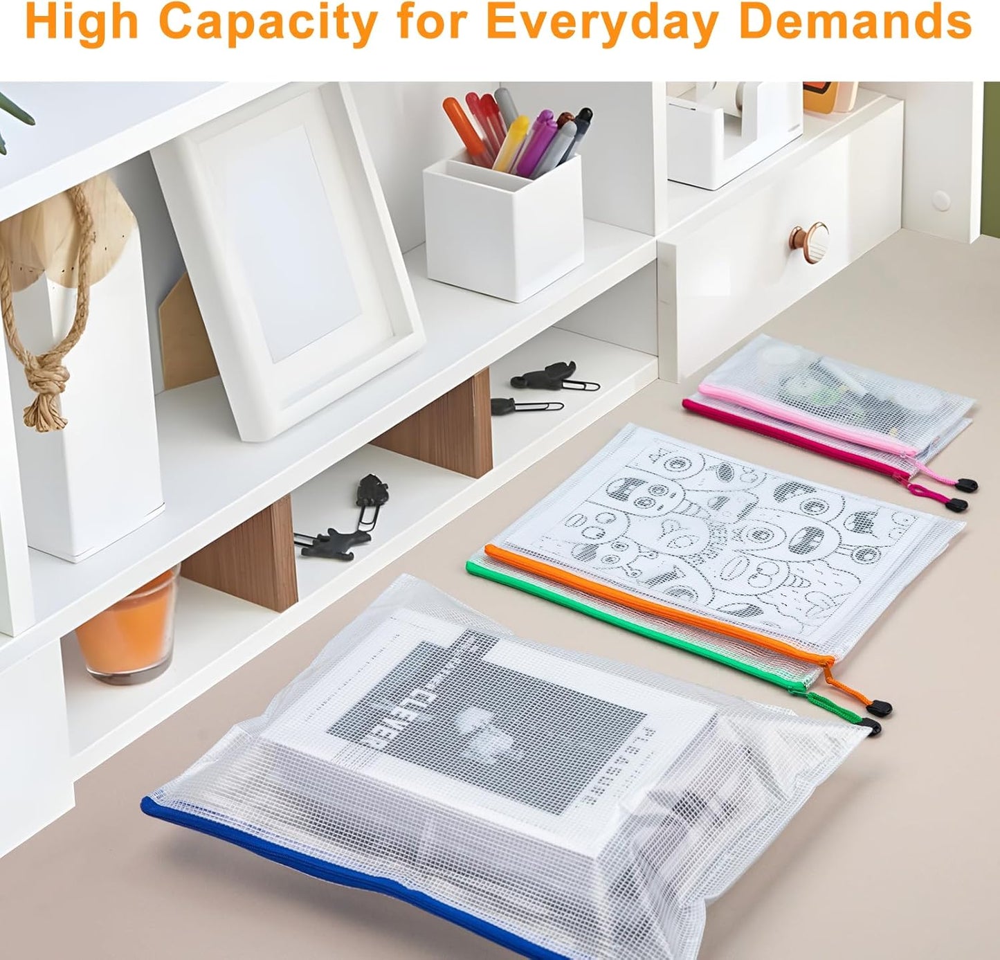 24pcs Mesh Zipper Pouch File Bags, Large Puzzle Storage Bags, A3 17x12 Inch Reusable Classroom Pouches for Organizing, 8 Colors