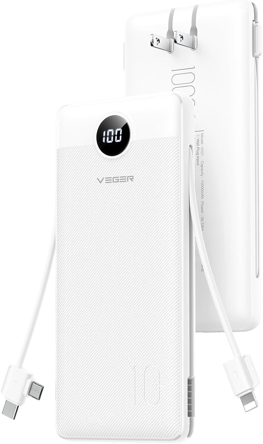 VEGER AC Wall Plug Portable Charger, 10000mah Slim Portable Charger Built in Cables, USB C Power Bank 15W Fast Charging, Travel Essential Battery Pack Compatible with iPhone, Android and More(White)