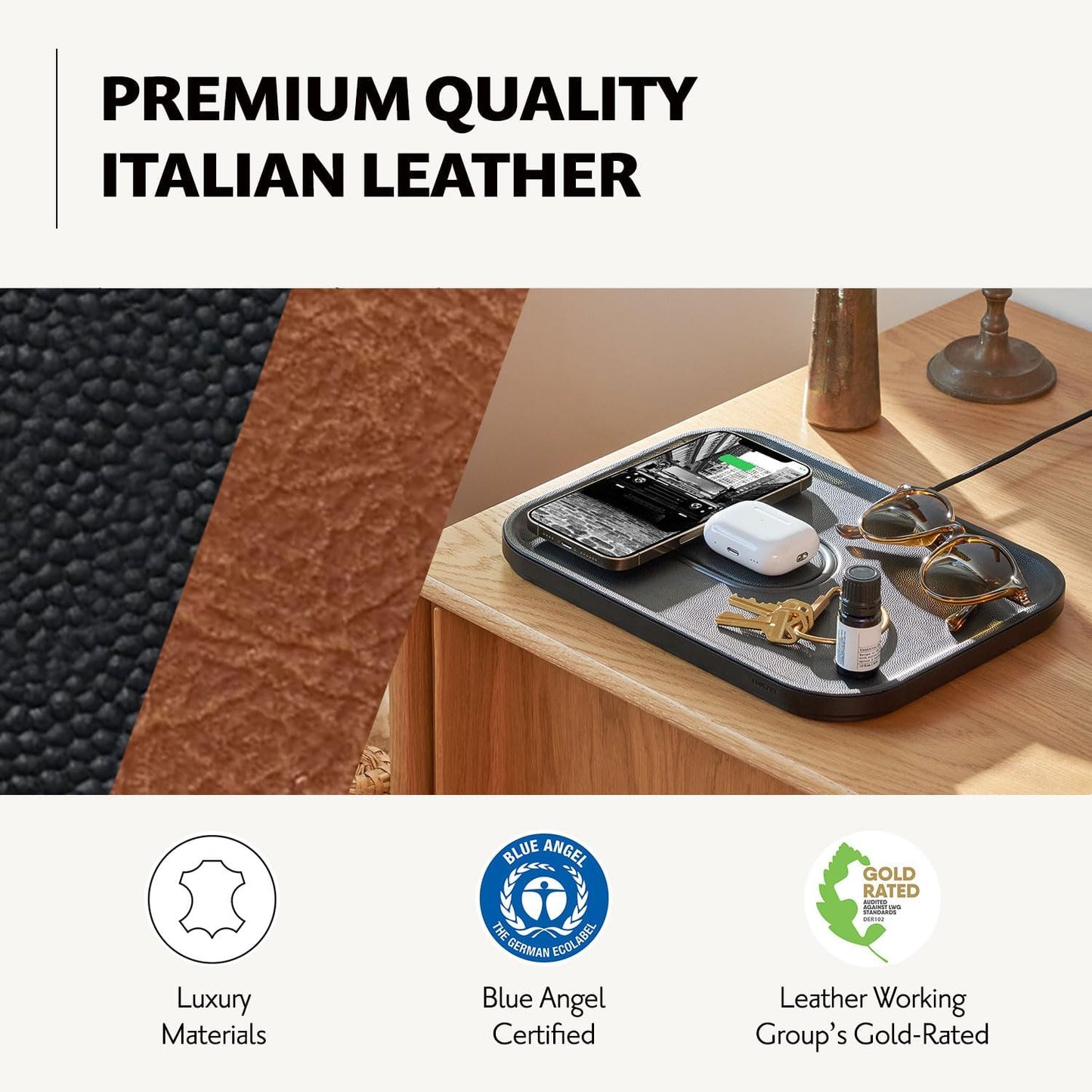 COURANT MAG:3 Classics Charger and Tray - Italian Leather, Multi-Device Charger Compatible with MagSafe iPhones 16, 15, 14, 13, 12 or Wireless AirPod Cases (Saddle)