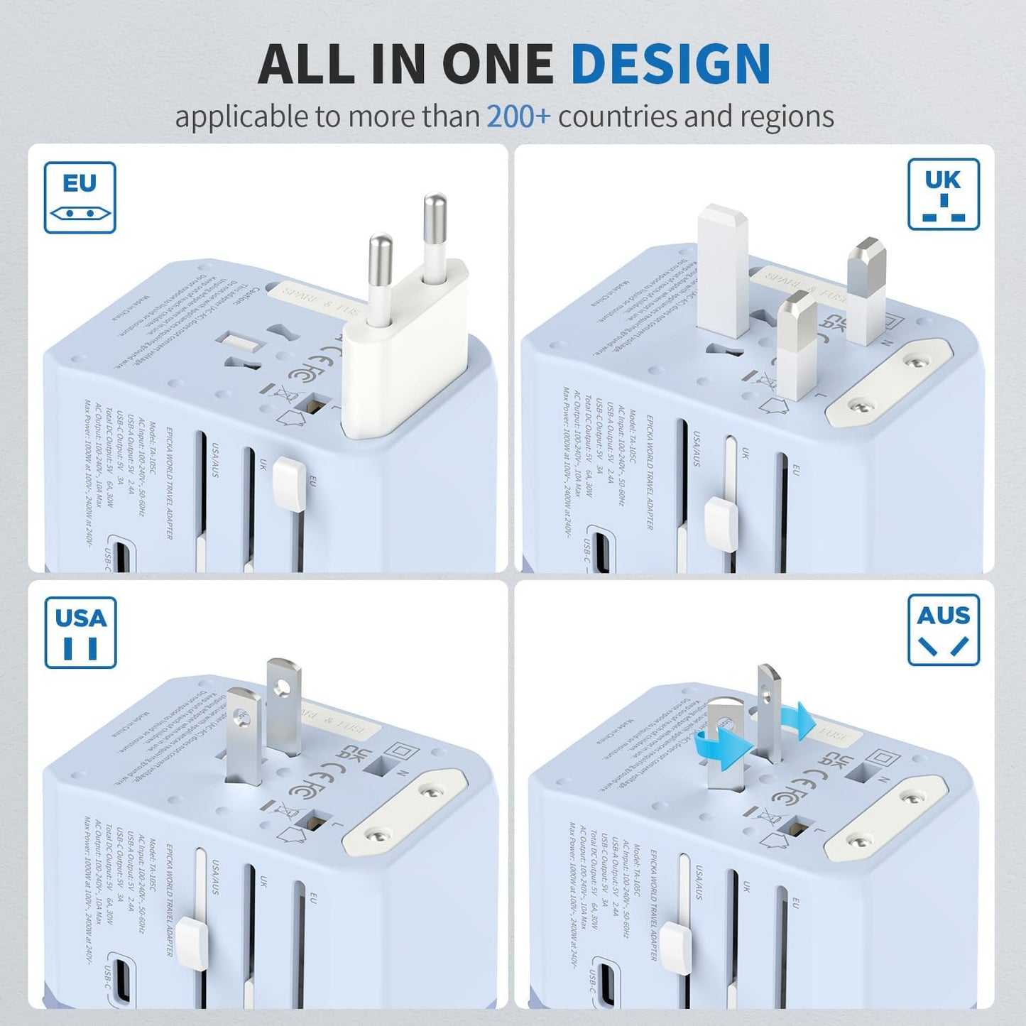 EPICKA Universal Travel Adapter, International Power Adapter with 2 USB-A & 3 USB-C Ports Wall Charger - Worldwide Travel Essentials, European Travel Plug Adapter for UK/US/AU (TA-105C, Blue)