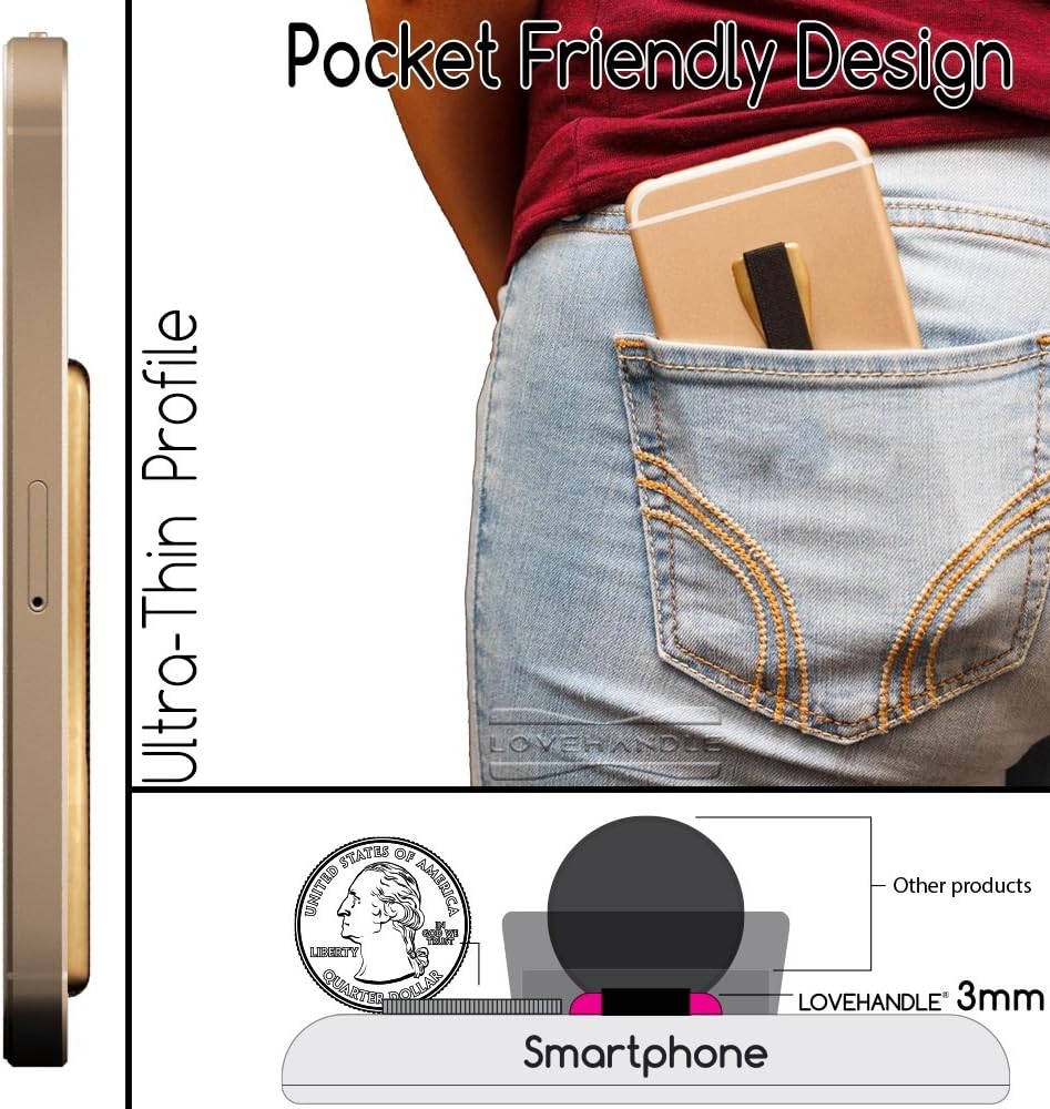 LOVEHANDLE Universal Phone Grip for Smartphones & Mini Tablets - Phone Holder for Hand - Wireless Charging Compatible - Made in The USA - Black Elastic Strap with Mauve Rose Base