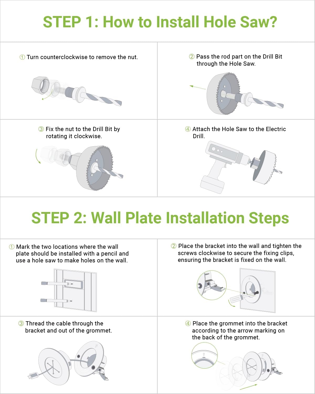 in Wall Cable Management Kit, Slim TV Wire Hider Kit for Wall Mounted TV, 2 Pcs Pass Through with Hole Saw for Network, HDMI, Speaker Cables, Coaxial, White