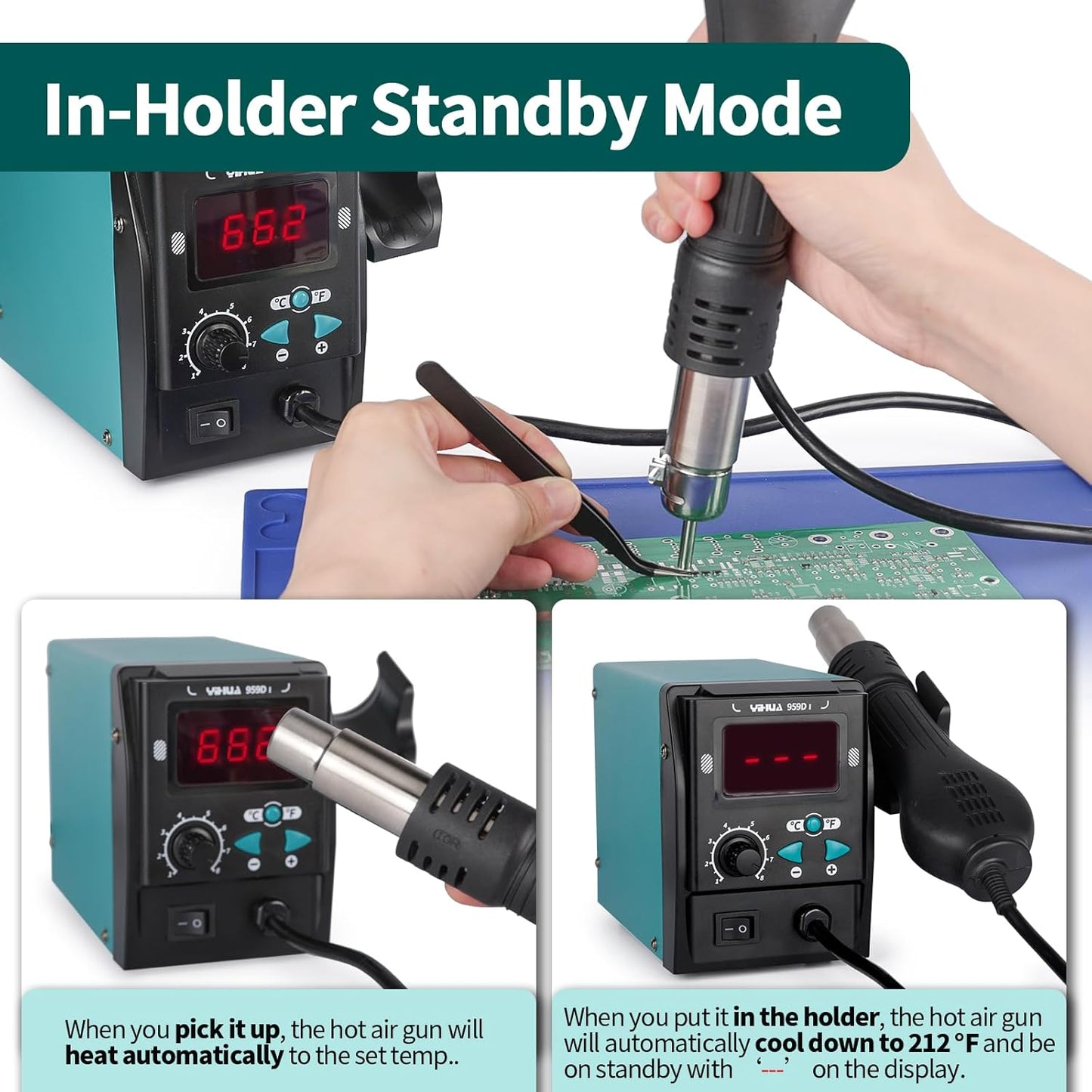 YIHUA 959D I Digital Hot Air Rework Station for SMD Reflow Soldering with 3 Hot Air Nozzles