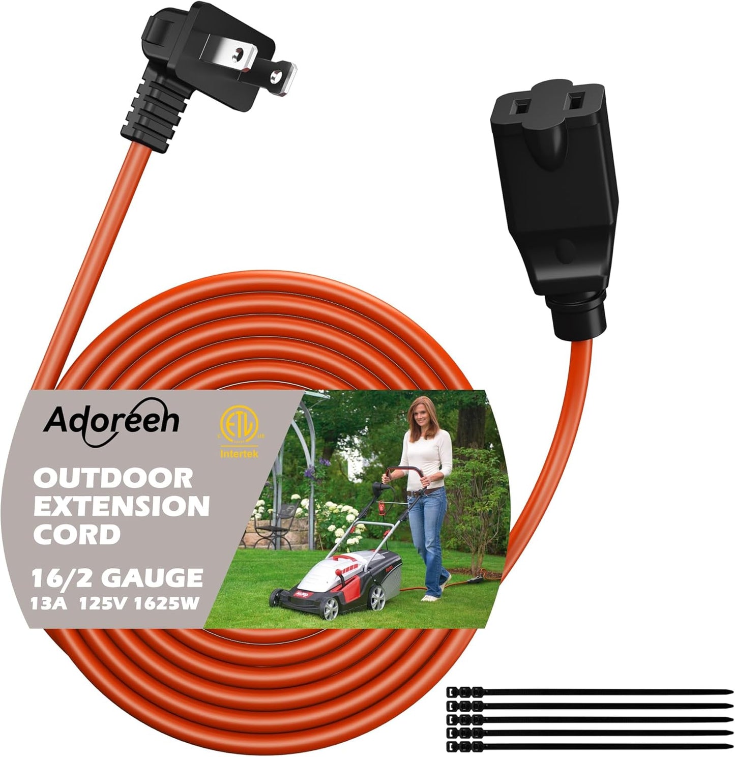 90 Degree 2 Prong Polarized Outdoor Power Extension Cord 125 FT, Angled Low-Profile Plug, 16 Gauge 125V SJTW Waterproof Long Cable for Home Office Lawnmower Garden Tools Lights, ETL+Ties-Bright Orange