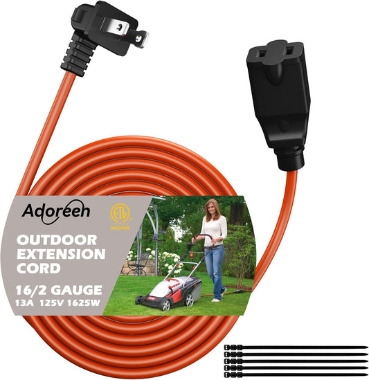 90 Degree 2 Prong Polarized Outdoor Power Extension Cord 100 FT, Angled Low-Profile Plug, 16 Gauge 125V SJTW Waterproof Long Cable for Home Office Lawnmower Garden Tools Lights, ETL+Ties-Bright Orange