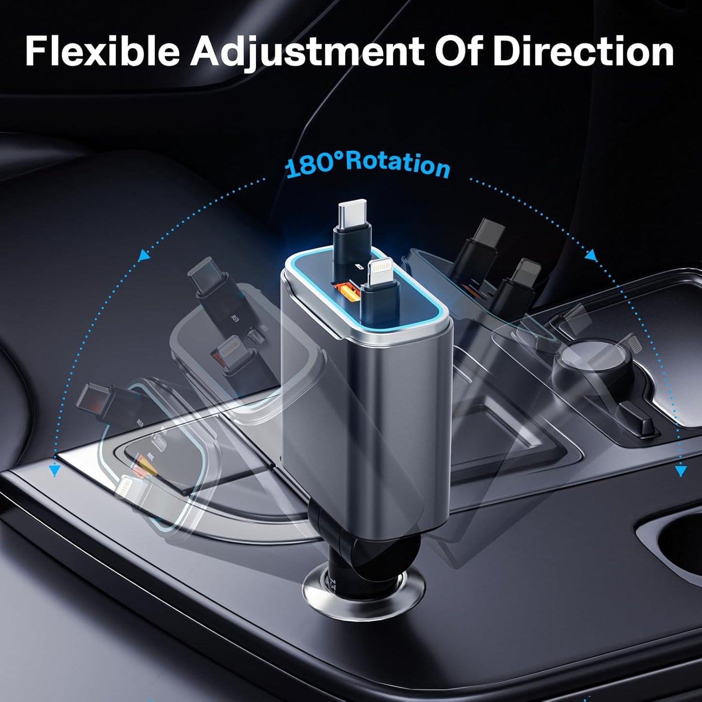 Retractable Car Charger USB C 131W 4-in-1 Fast Charging with 2 Retractable Cables Car Phone Charger Adapter for iPhone 16 15 14 13 Fast Charge Car Accessories, Gifts for Men Women