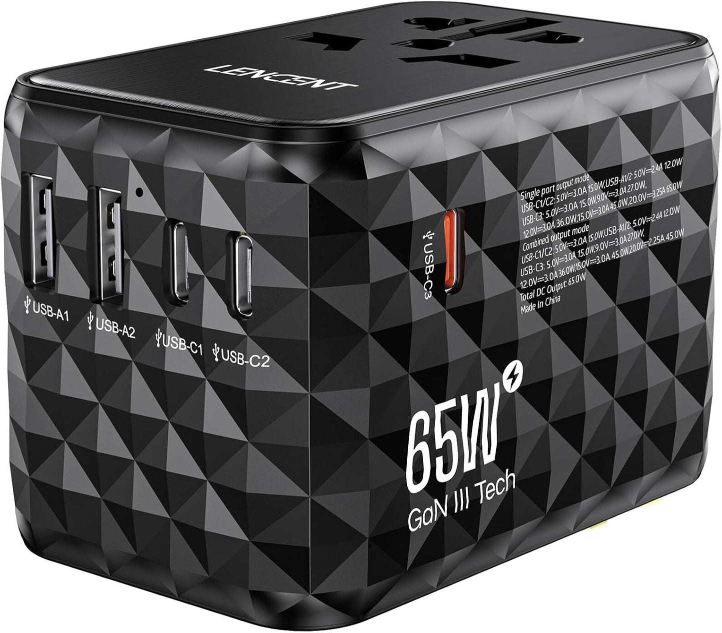 LENCENT 65W GaN International Travel Adapter with 2 USB-A & 3 Type C Ports, Fast Charger for Phones & Laptops, Worldwide Plug Adapter for USA/UK/EU/AUS, Black