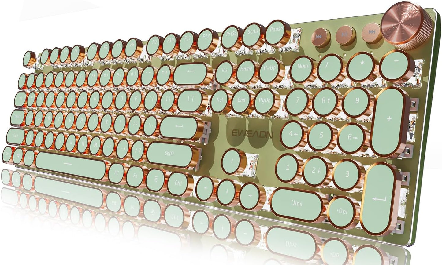 EWEADN Typewriter Style Mechanical Gaming Keyboard, Wired Mechanical Keyboards,104 Keys Backlit LED Keyboards, Media Control Knob, Wired Computer Keyboard Pink Switch for Windows/Mac/PC-Green