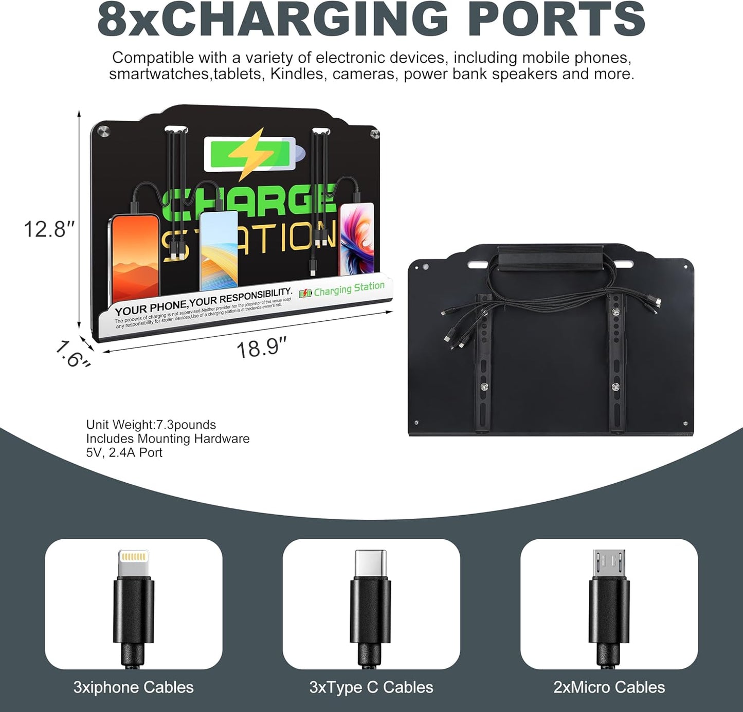 Wall Mount Charging Station with 8 Ports Phone Charger with Type-C,Android Port | Applicable for Applicable Airport Hospitals Banks Hotel and Public Places (Black)