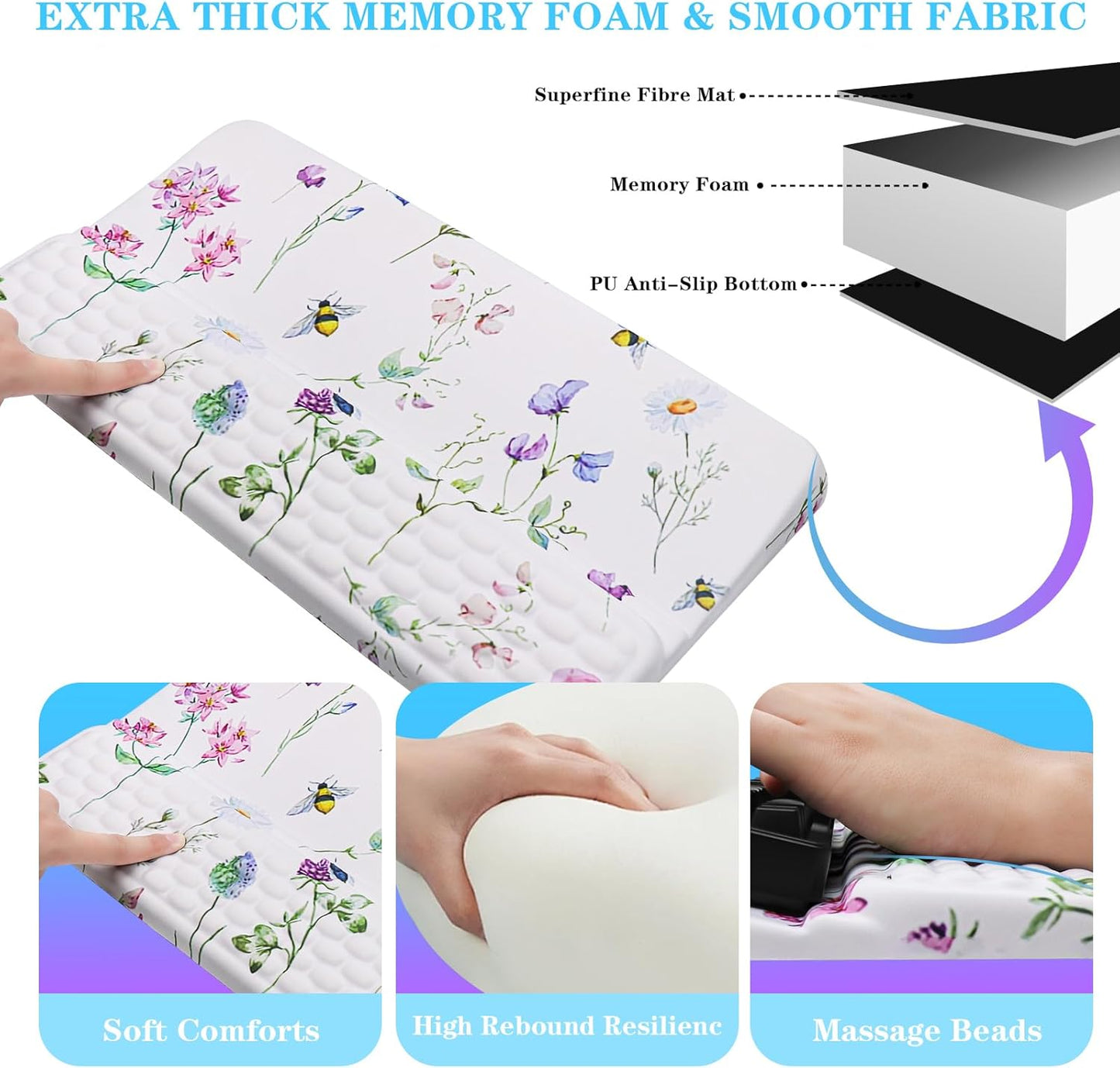 Computer Keyboard Stand with Wrist Rest, Ergonomic Tilted Keyboard Holder - Keyboard Riser with Wrist Pad - Keyboard Tray Support for Office Home - Scattered Flowers