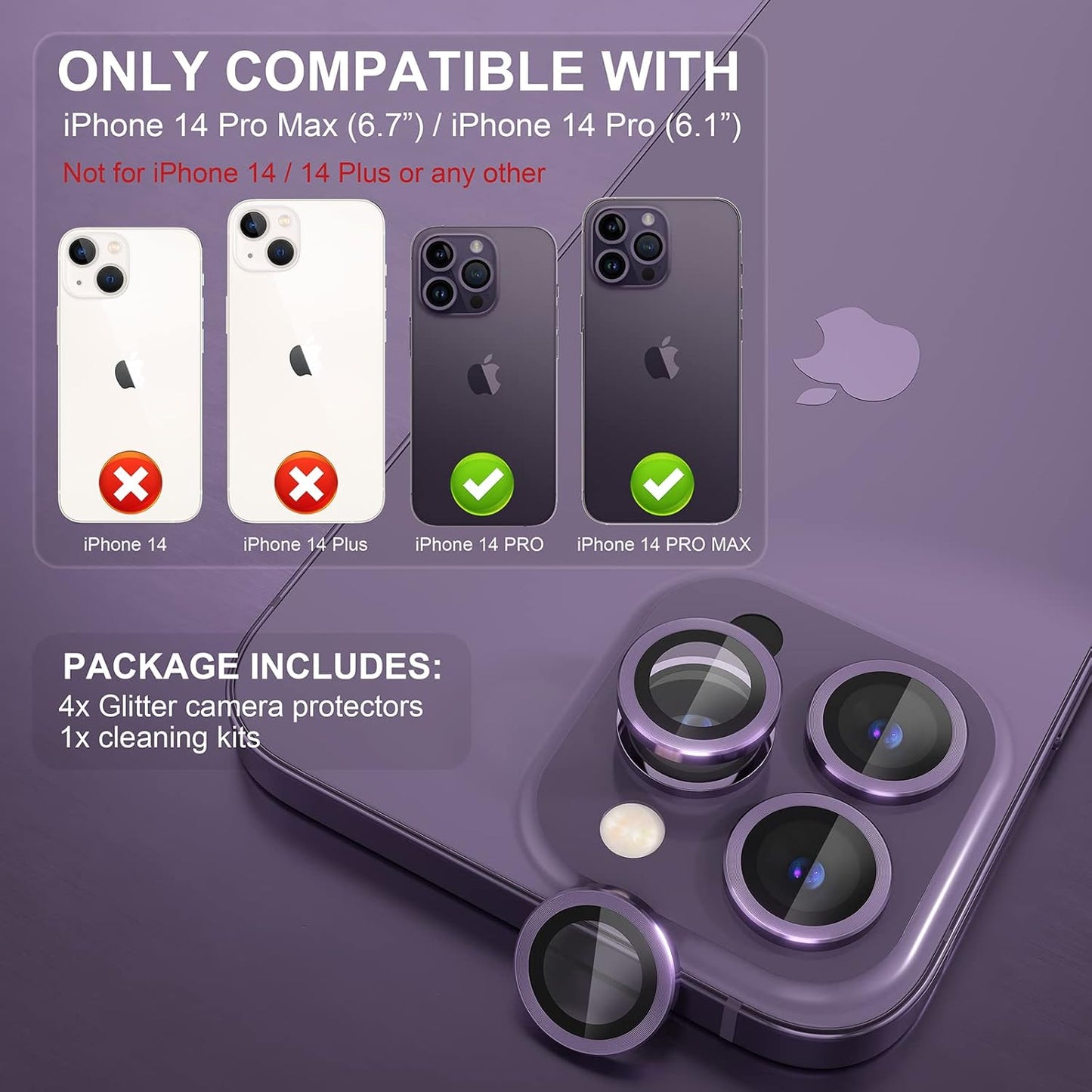 Choiche [3+1 for iPhone 14 Pro/iPhone 14 Pro Max Camera Lens Protector, 9H Tempered Glass Camera Cover Screen Protector Metal Ring Decoration Accessories (Purple)