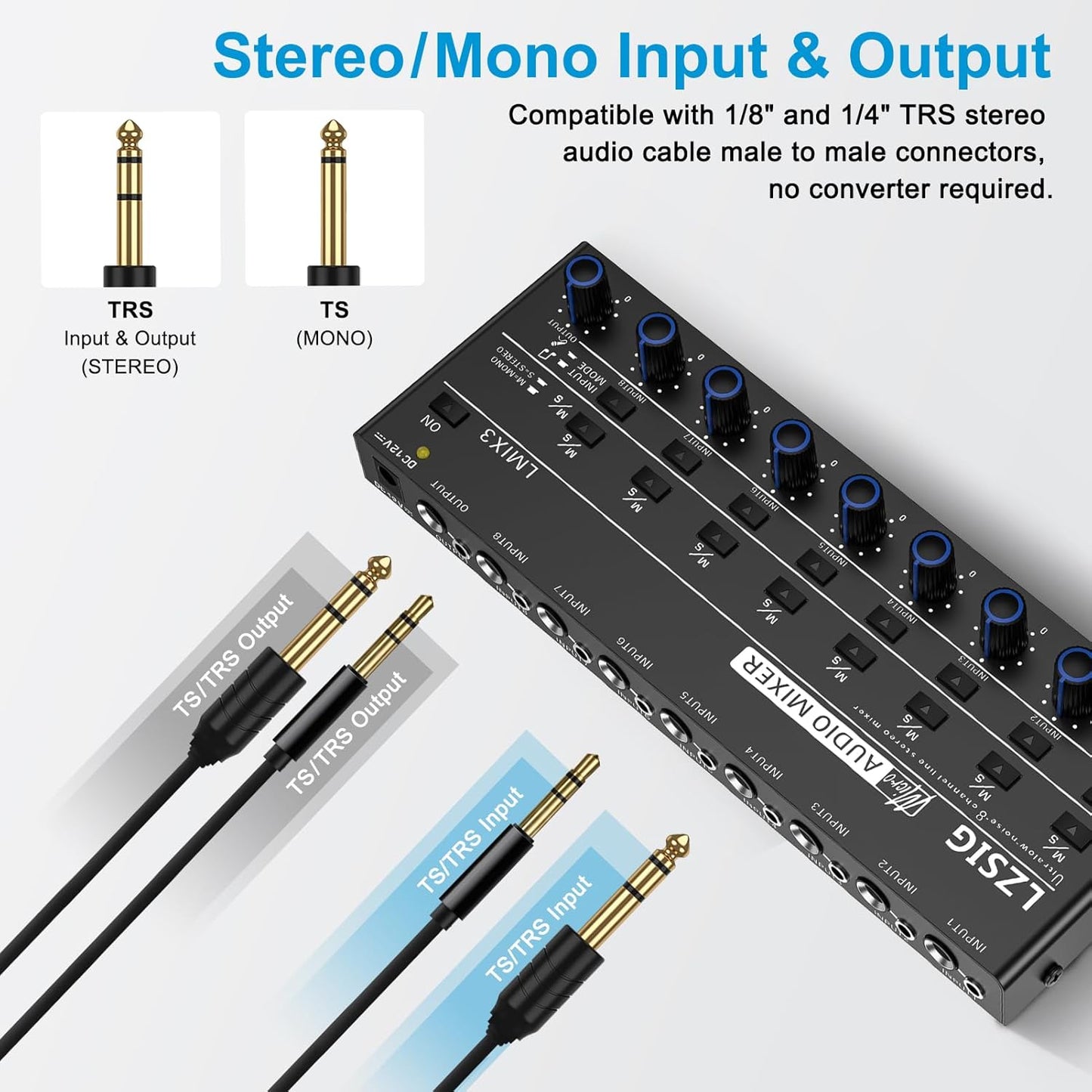 LZSIG Audio Mixer, Stereo Line Mixer for Sub-Mixing, Ultra Low-Noise, 8-Channel, Dynamic Microphone Independent Control, 1/4" & 1/8" TRS Output and Input, for Guitars,Bass,Keyboards