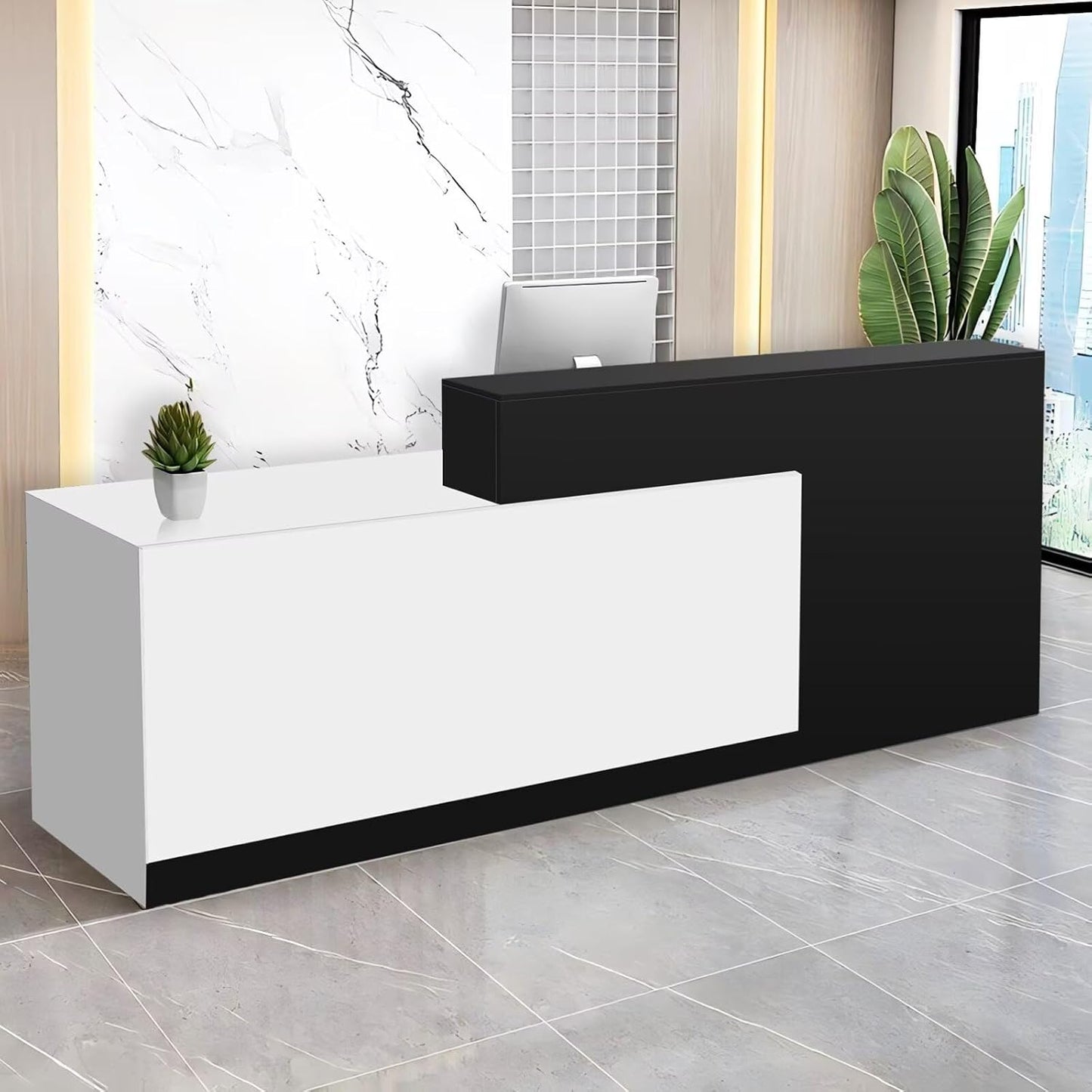 Reception Desk with Counter Modern Checkout Counter with Lockable Drawer Keyboard Tray Receptionist Desk for Office Salon Reception Table D Left 59inch/150cm
