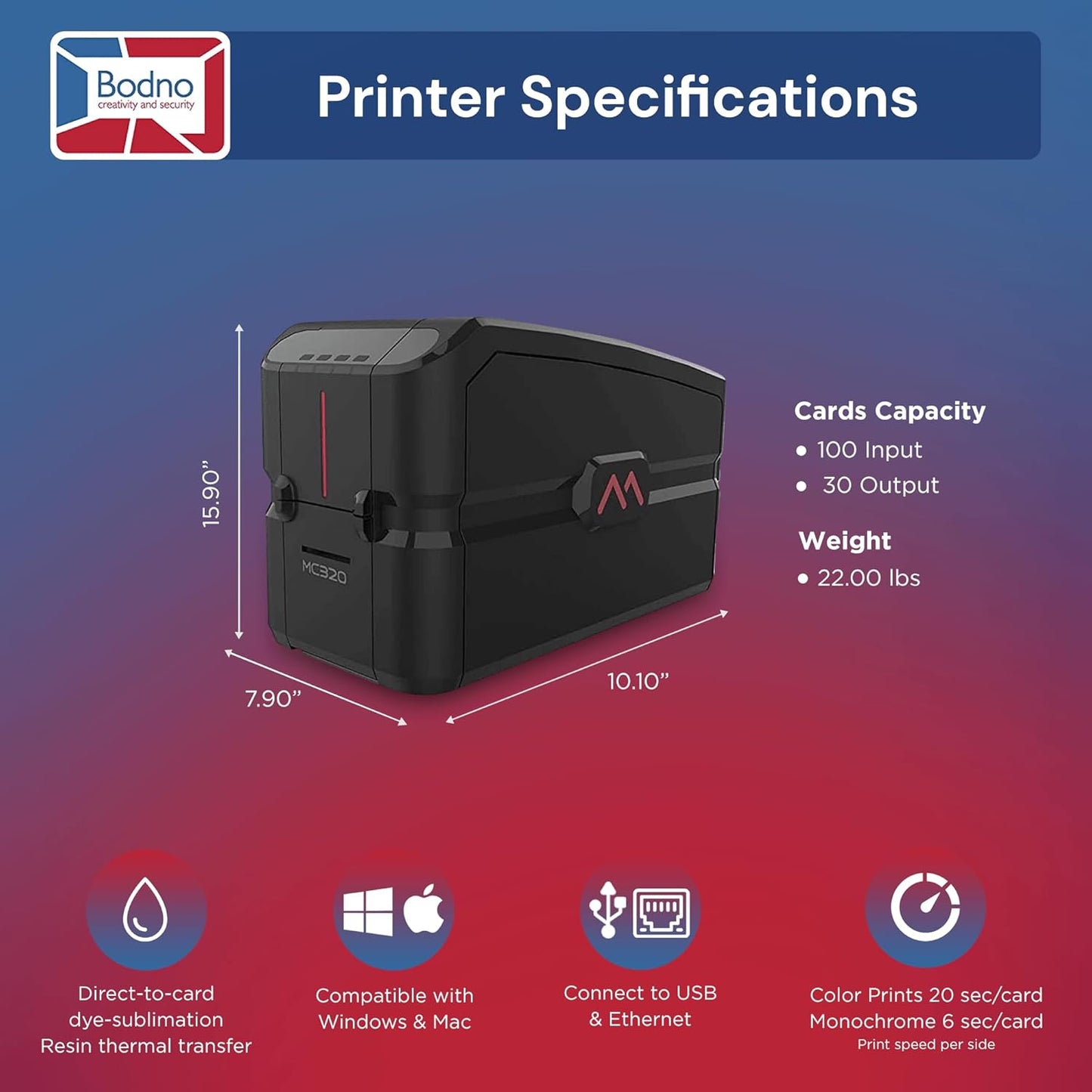 Bodno Matica MC320 Direct-to-Card Single Sided ID Card Printer & Complete Supplies Package Bronze Edition ID Software