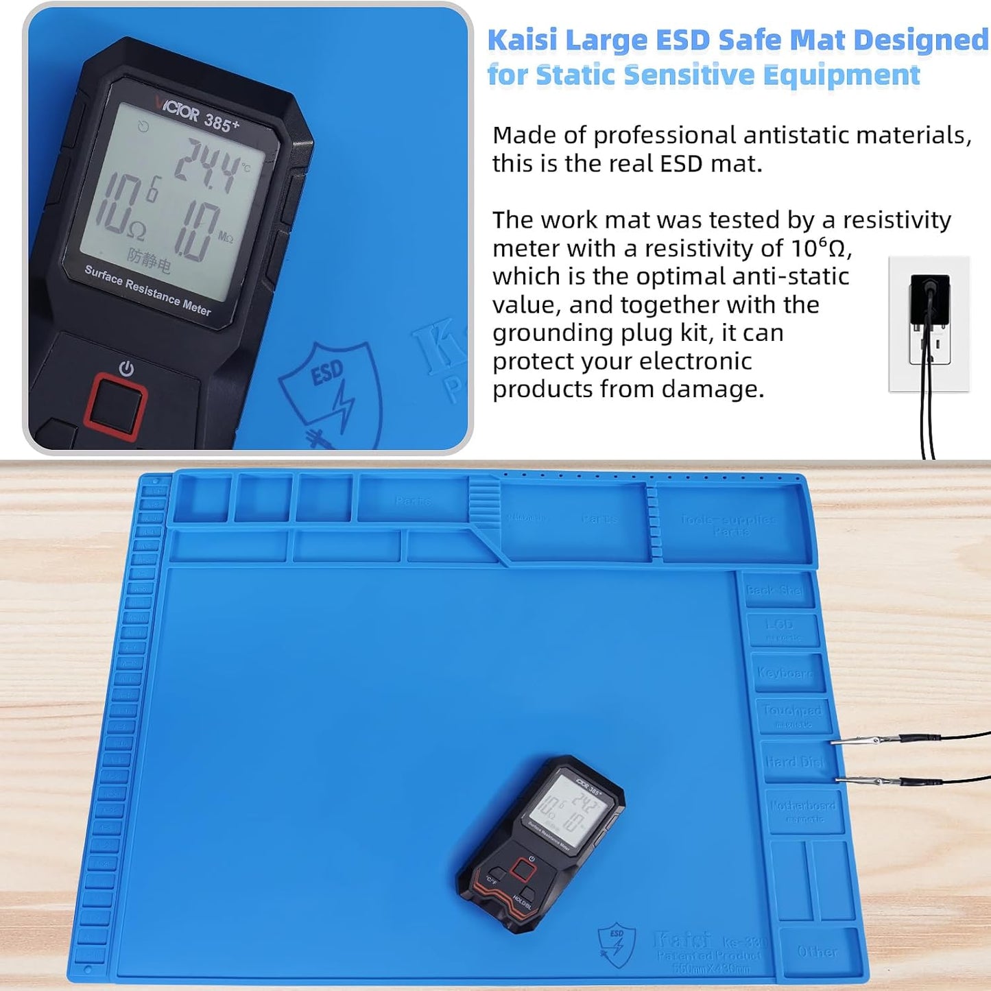 Kaisi Large Anti Static Mat with Grounding Accessories,Heat Resistant Silicone Soldering Mat,Magnetic Work ESD Pad for pc building, Electronics, Laptop, Cellphone Repair Soldering 21.6" x 16.9"