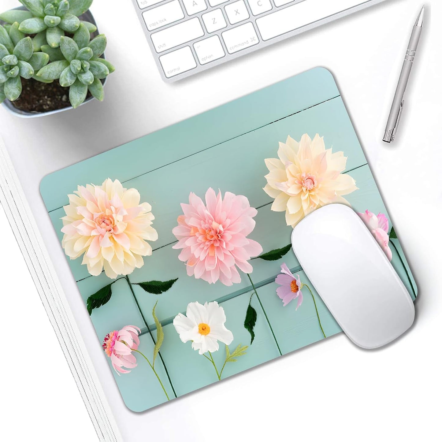 Mouse Pad, Cute Blue Wood Beautiful Flower Mouse Pads for Desk, 9.5" x 7.9" Non-Slip Rubber Base Computer Mousepad with Women, Portable Square Design for Wireless Mouse and Pad Laptop Office & Travel