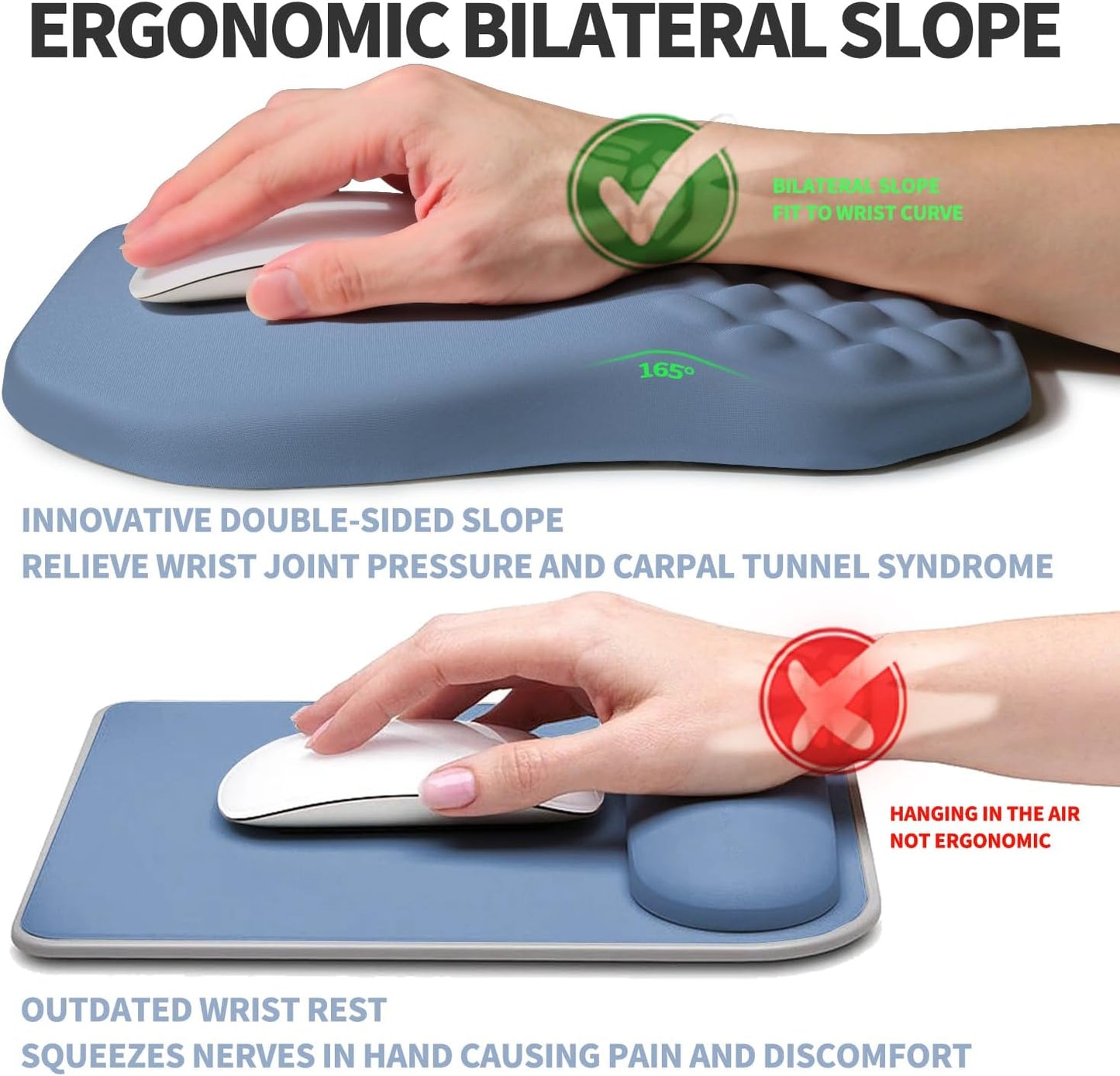 Ergonomic Raised Mouse Pad Wrist Support with Bilateral Slope Memory Foam Mousepad for Wrist Rest and Carpal Tunnel Pain Relief 11.8x7.9〃 Stone Blue