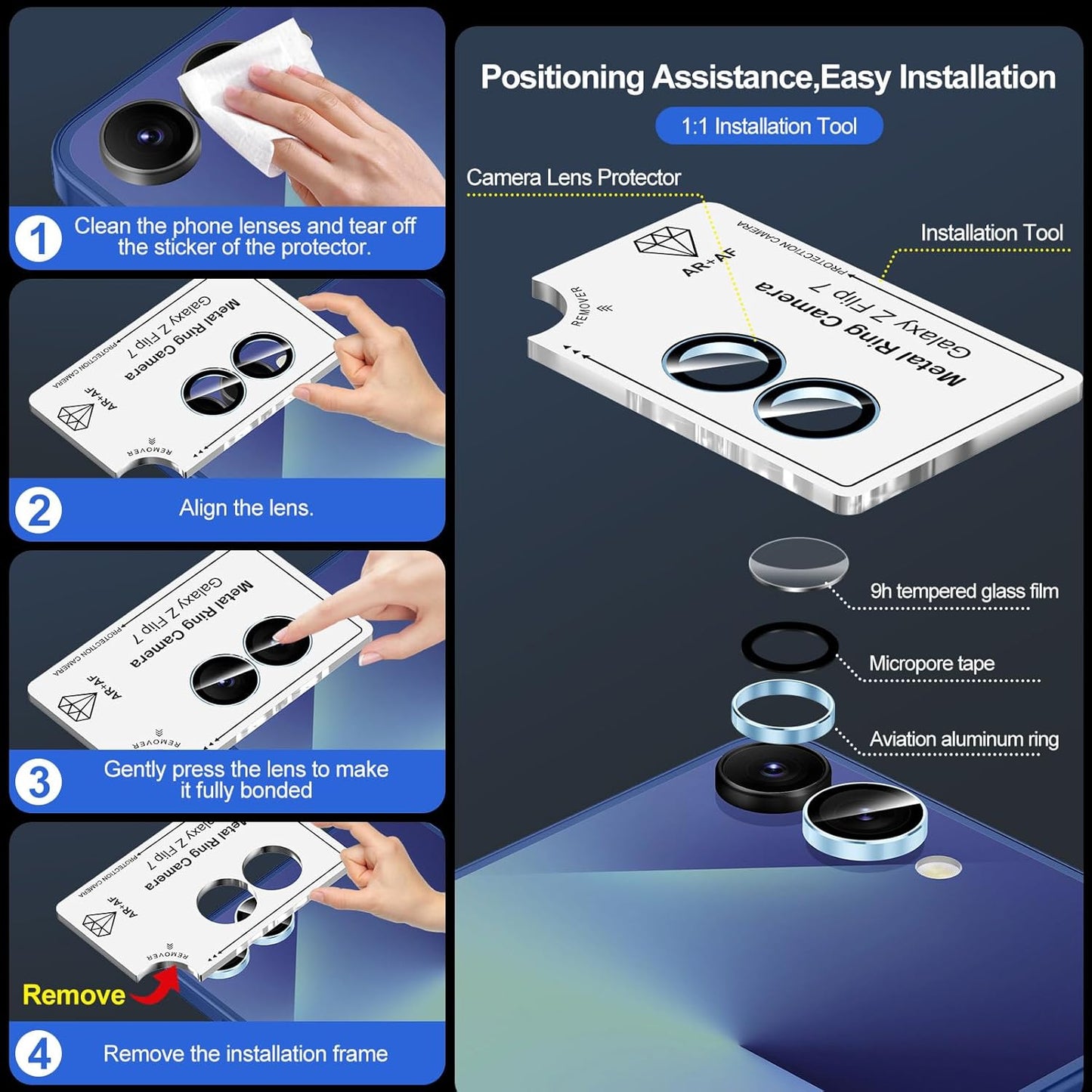 for Samsung Galaxy Z Flip 7 Camera Lens Protector, Individual Metal Ring Tempered Glass Lens Cover, [Strong Adsorption] Scratch Resistant Ultra-Thin HD Clear Lens Cover, 1 Set-Blue Ring
