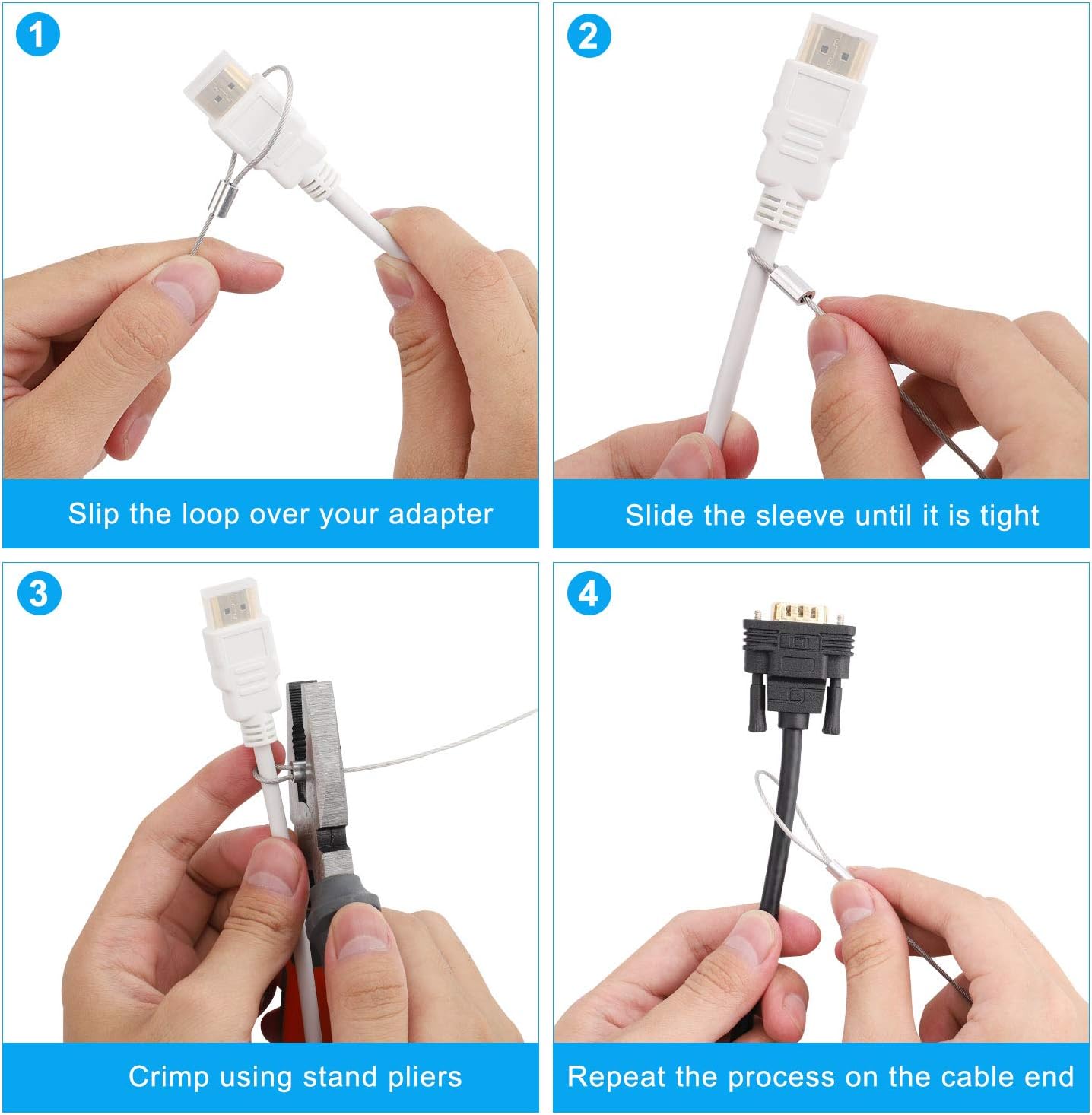 Cable Tethers 5 Pack with Crimping Tool (12 Inches, White Color), Adjustable Security Cable Look, Universal DIY Adapter Tethering Ties Kit for Computer Cord, Pre-Assembled, Tamper-Resistant