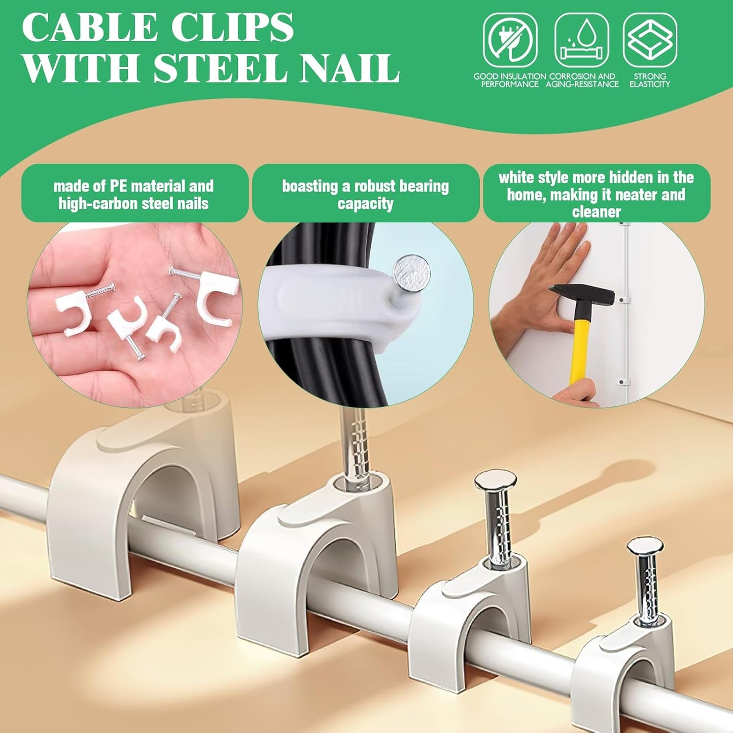 800Pcs 4mm 6mm 8mm 10mm J-Hook Ethernet Cable Nails Wire Clips with Steel Nails and 5/8" 3/4" 1/2" 1" Insulated U Staple Nail for Home Office Business