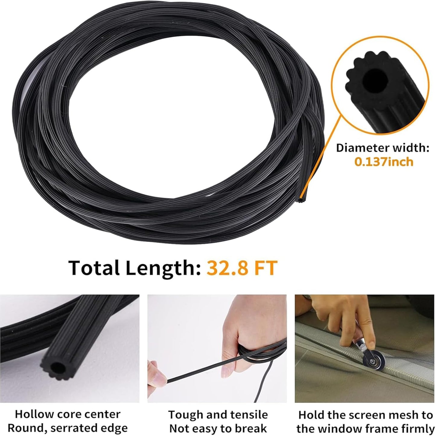 4 in 1 Window Screen Repair Tool Kit,Including 32Ft Spline(Diameter 0.137IN),Steel Roller Tool with Bearing,Spline Removal Hook and High Quality Scissors,for Installing Door and Window Mesh Screens.