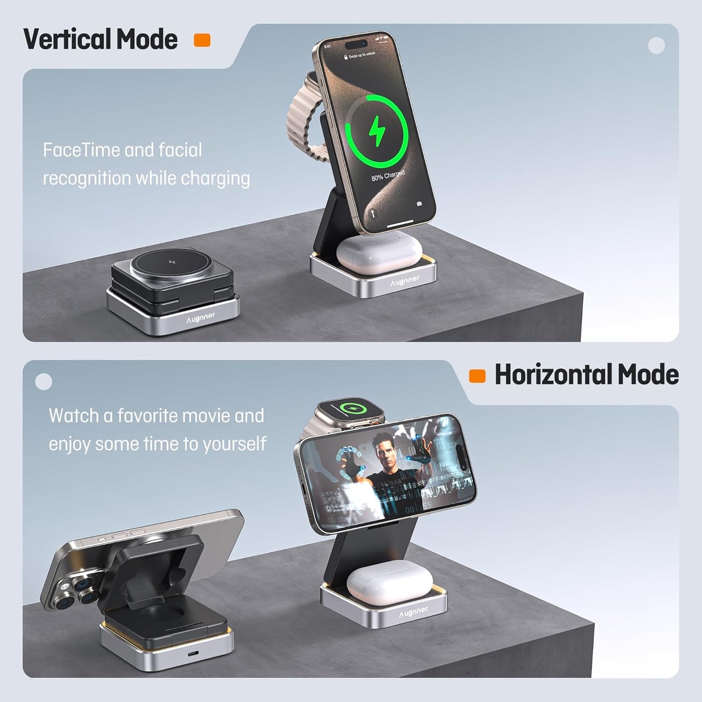 【2025 Upgraded】Wireless Charger 3 in 1, Foldable Wireless Charging Station with Night Light for Apple MagSafe Charger, Travel Magnetic Charger Stand, Nightstand Fast 15W Charging Station (20W Adapter)