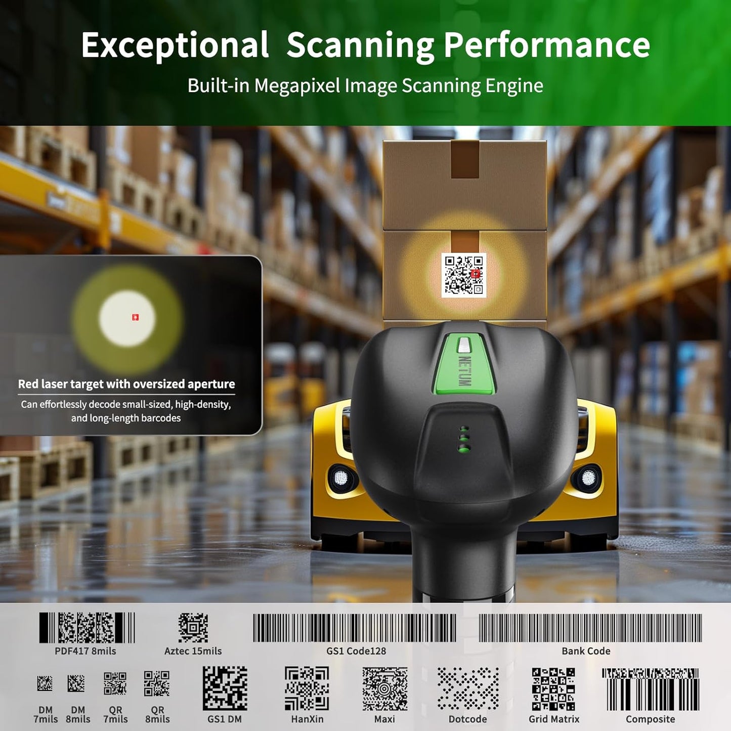 NETUM 2D QR Industrial Bluetooth Barcode Scanner with Charging Dock, Upgraded Wireless 2D/1D Bar Code Reader, 2600mAh Battery, Drop Dust WaterProof, Hands-Free for Windows, Mac, Android, iOS (NT-1950)